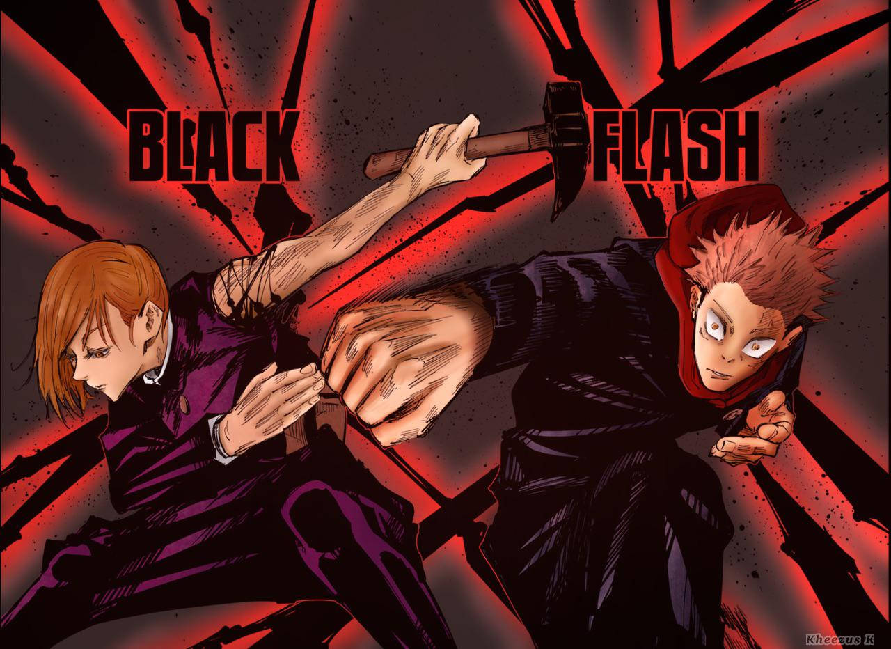 Fundal cu Itadori și Kugisaki din Jujutsu Kaisen folosind black flash.