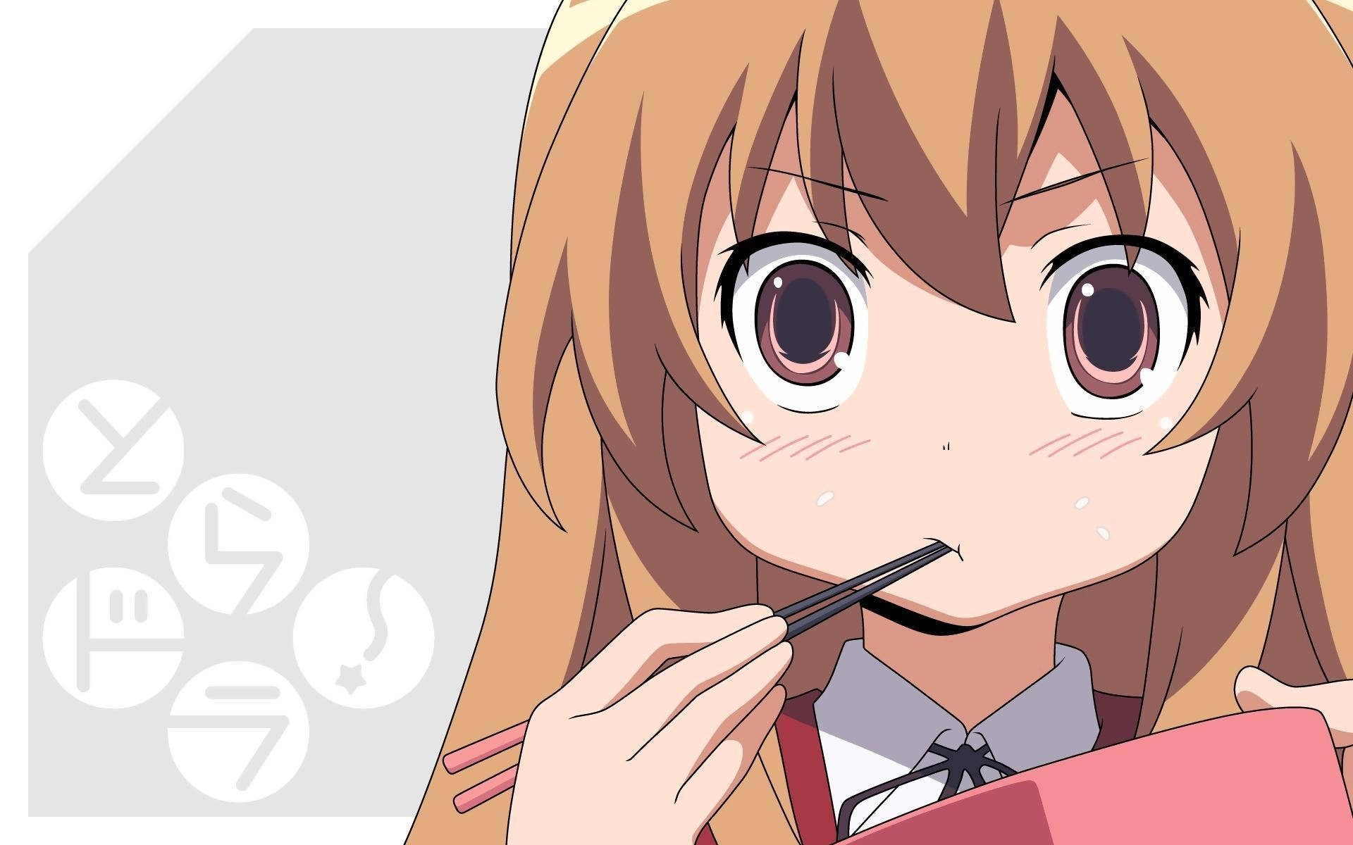 Kawaii Anime Taiga Aisaka Mancând cu Bețișoare Fundal