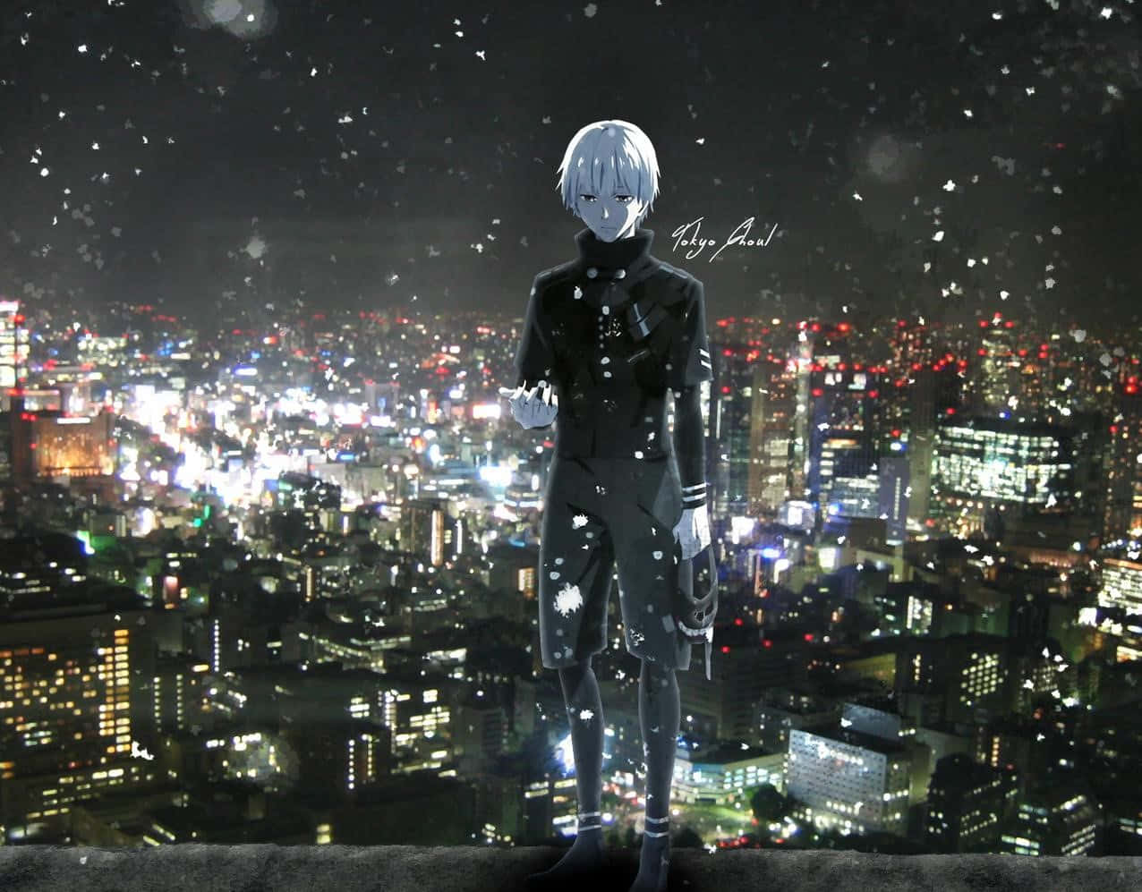 Ken Kaneki pe marginea clădirii în Tokyo Ghoul Fundal