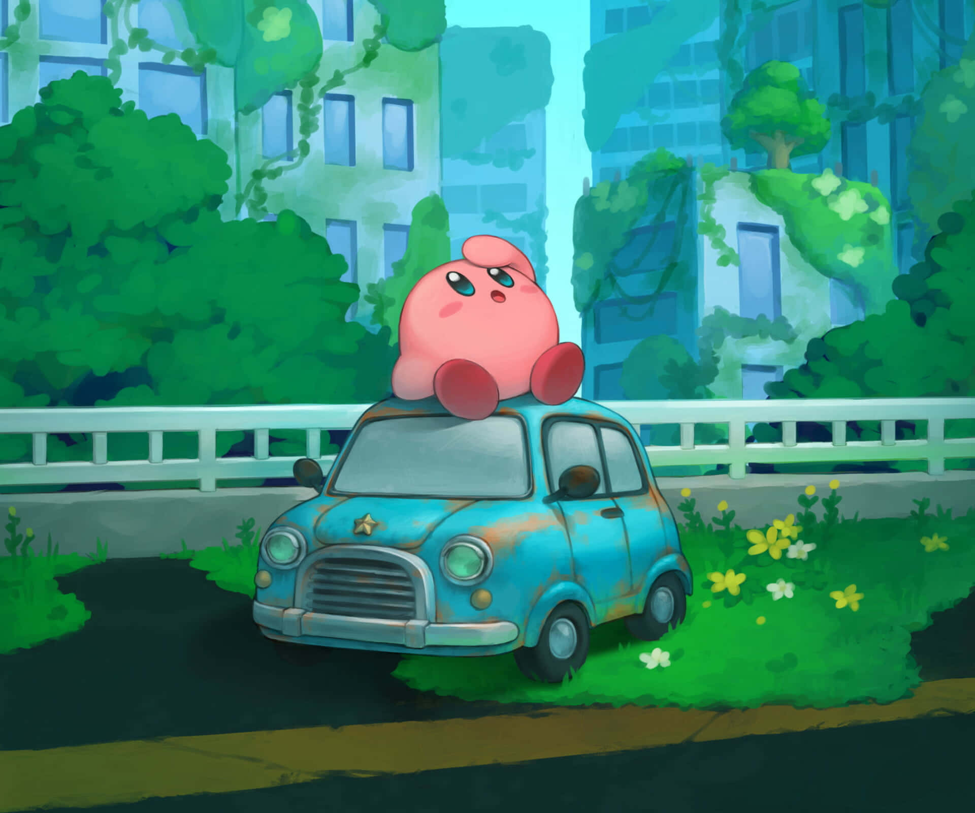 Kirby plutind prin nori pe cerul roz Fundal