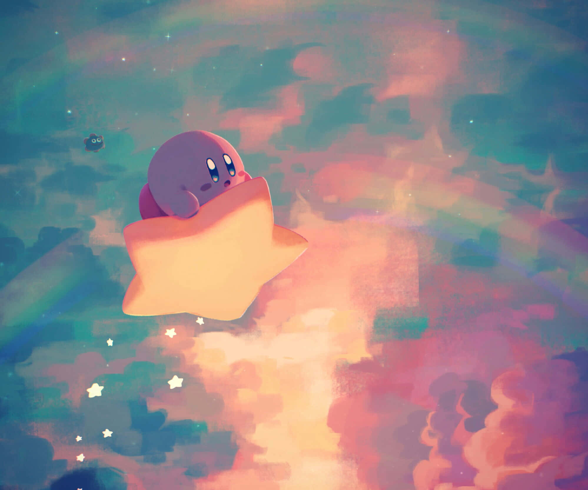 Kirby zboară prin cerul vibrant și colorat. Fundal