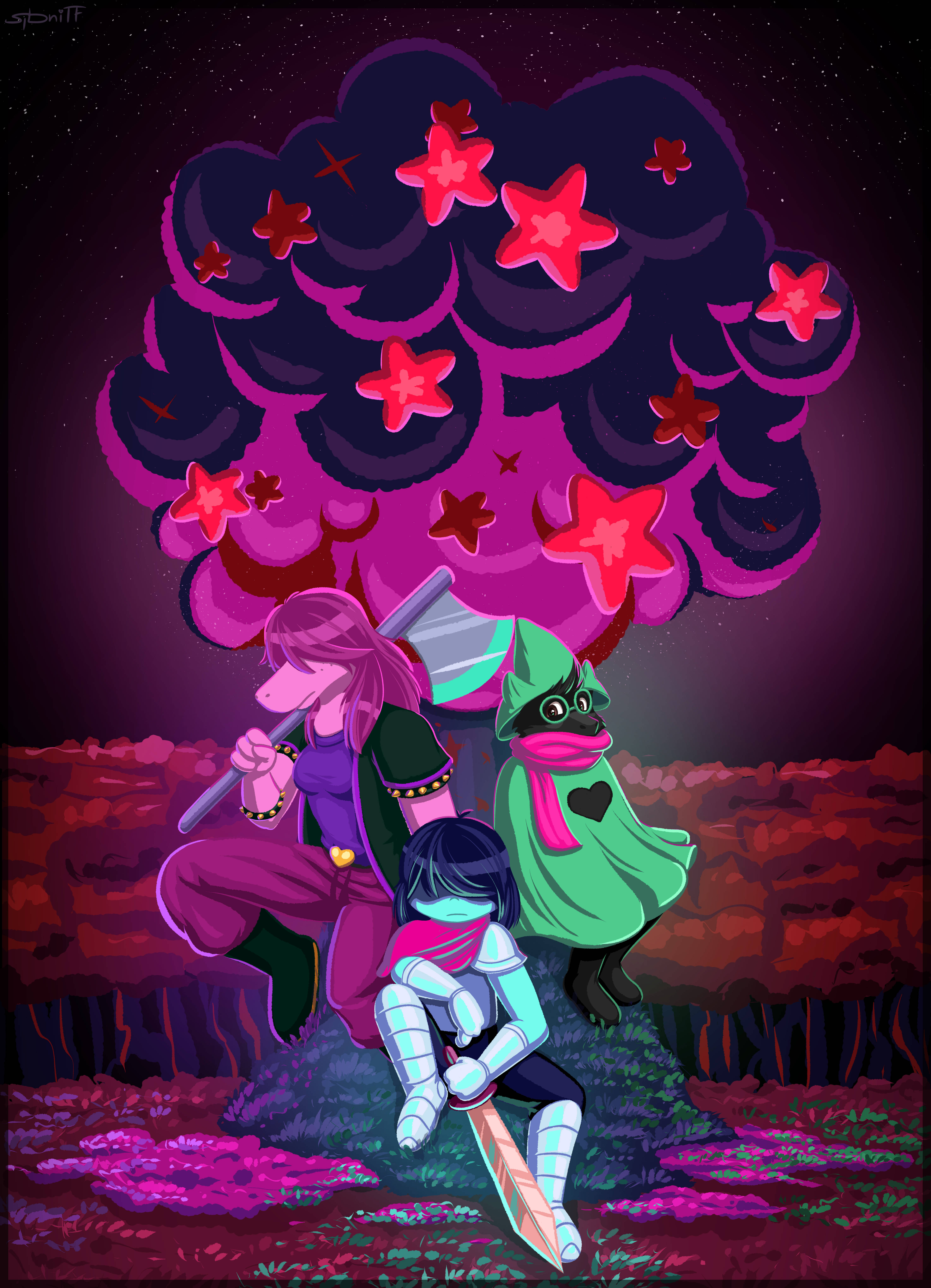 Kris, Susie și Ralsei din Deltarune într-un cer nocturn Fundal