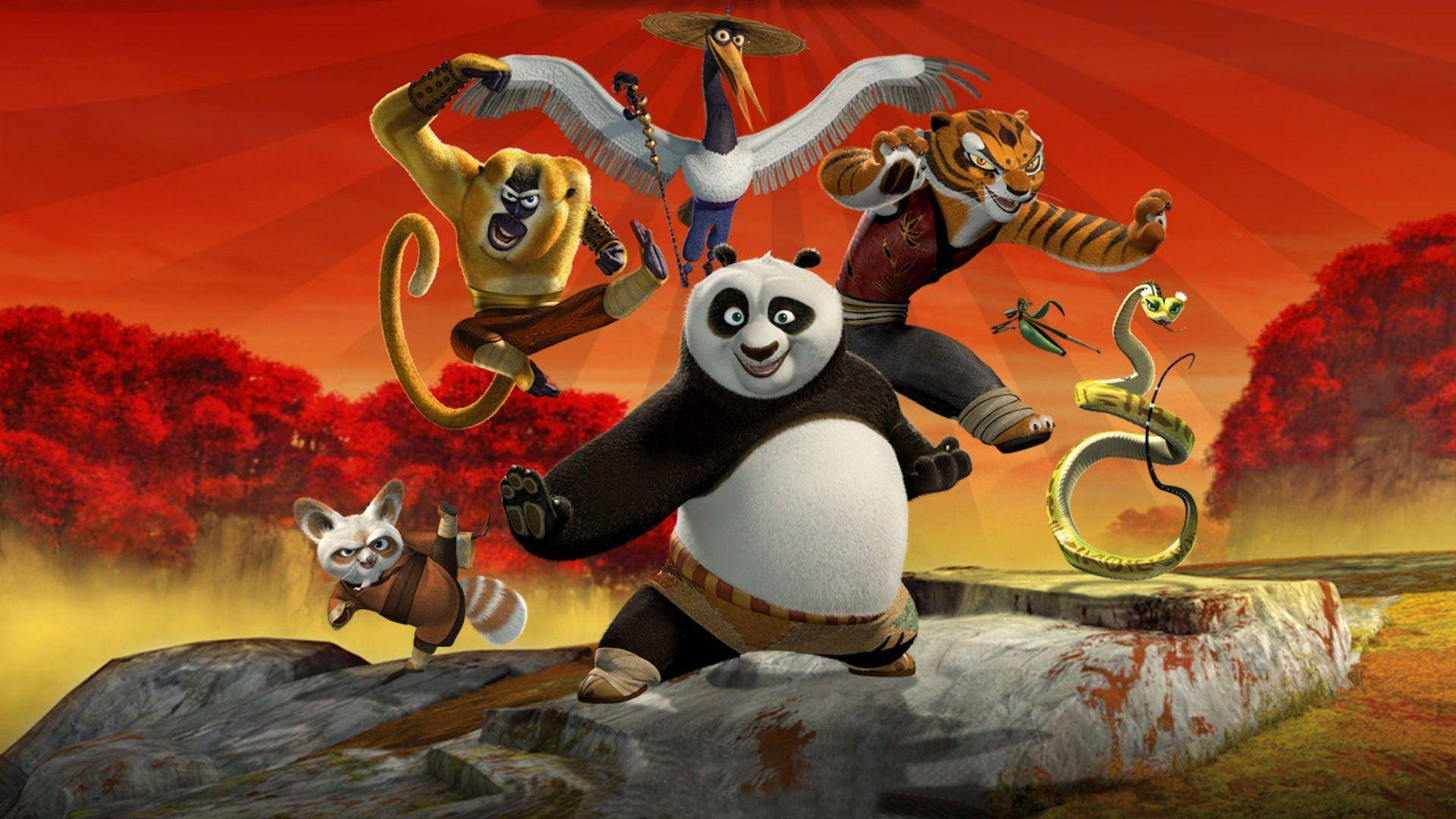Kung Fu Panda și Cei Cinci Furioși în Poziții de Luptă Fundal