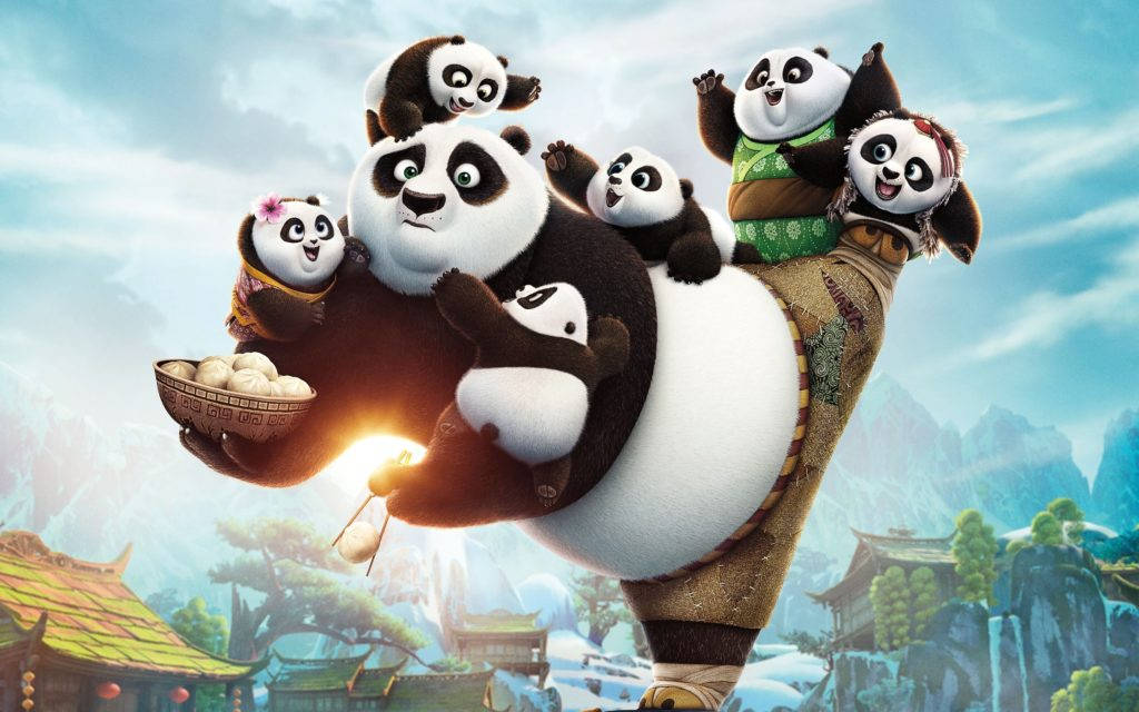 Kung Fu Panda ținând mulți panda bebeluși Fundal