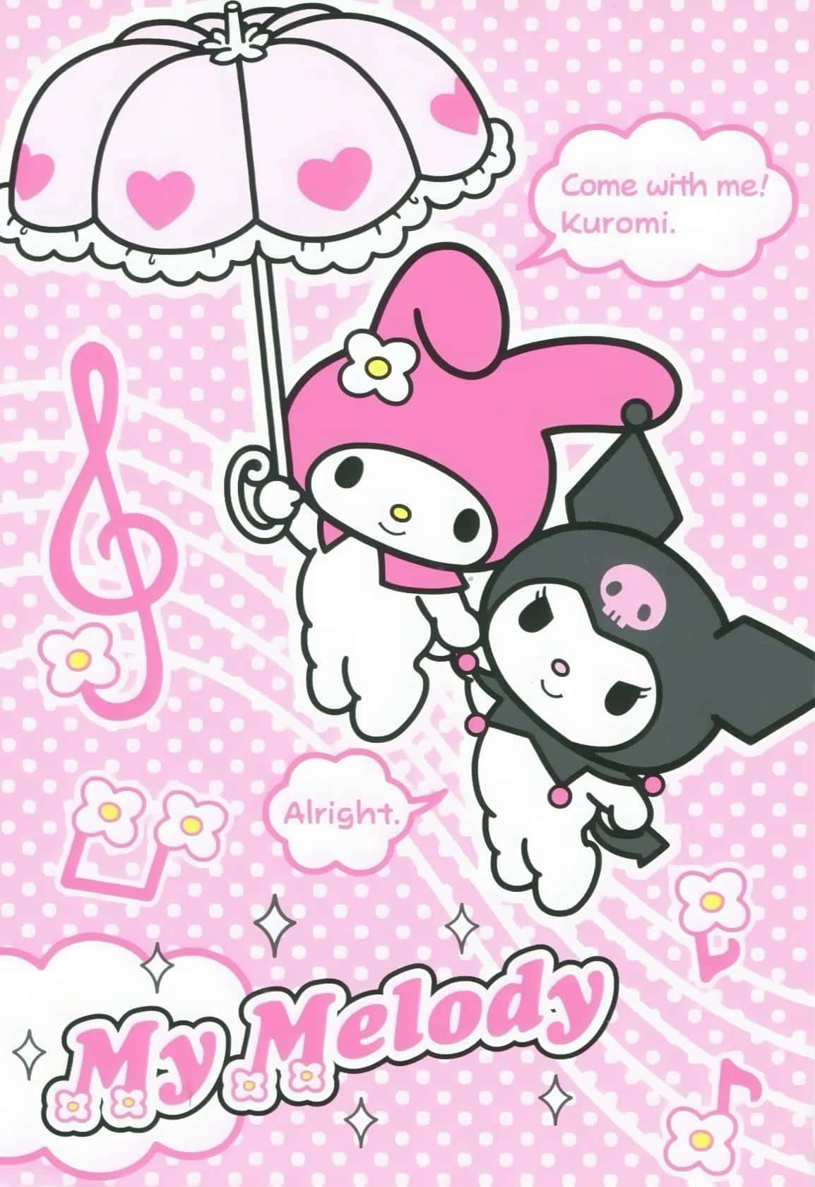 Kuromi și My Melody împărtășind un moment împreună Fundal