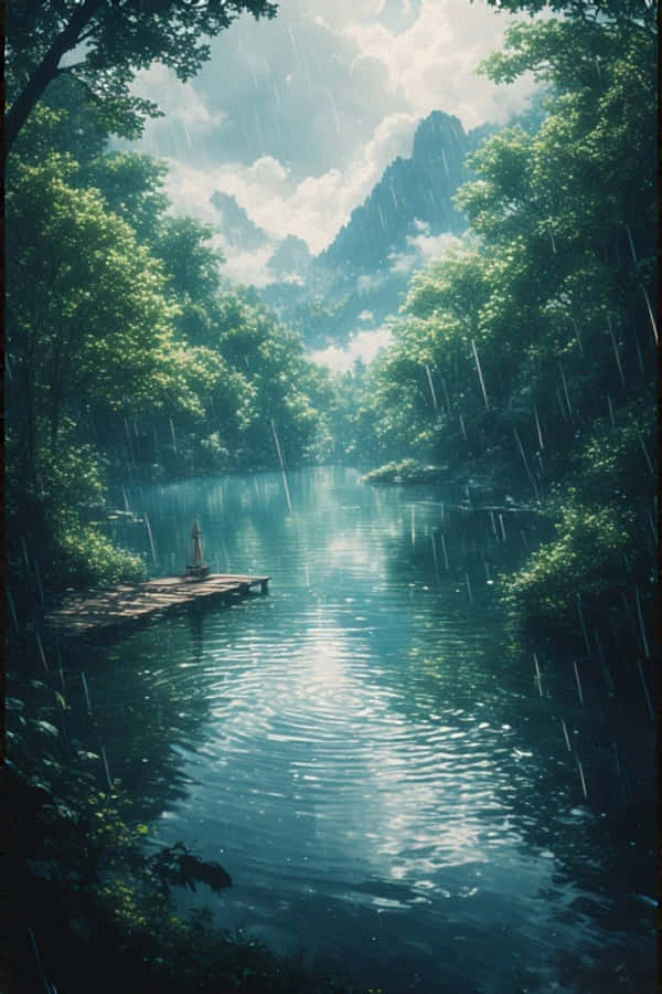 Lac ploios anime în pădure verde, natură pașnică 4K Fundal
