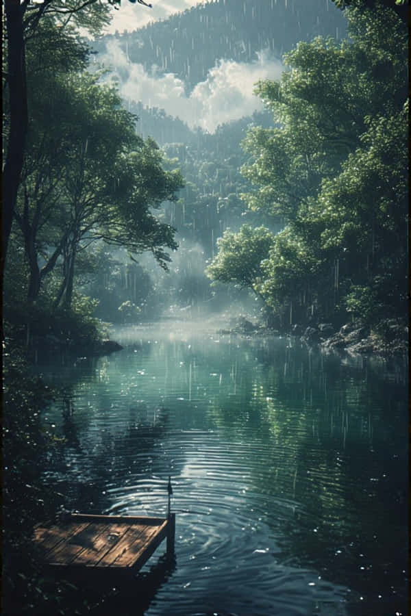 Lac Ploios Anime în Pădure Verde Natură Liniștită 4K Fundal