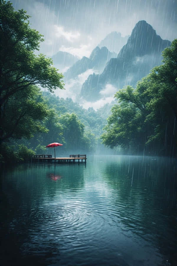 Lac Ploios Anime în Pădure Verde Natură Liniștită 4K Fundal