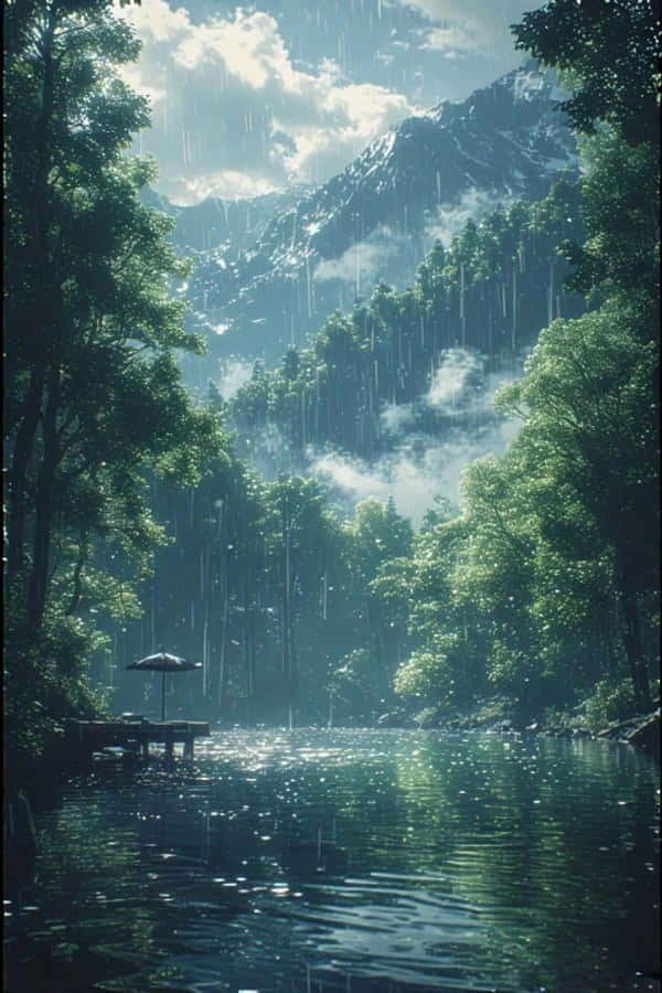 Lac Ploios Anime în Pădure Verde Natură Liniștită 4K Fundal