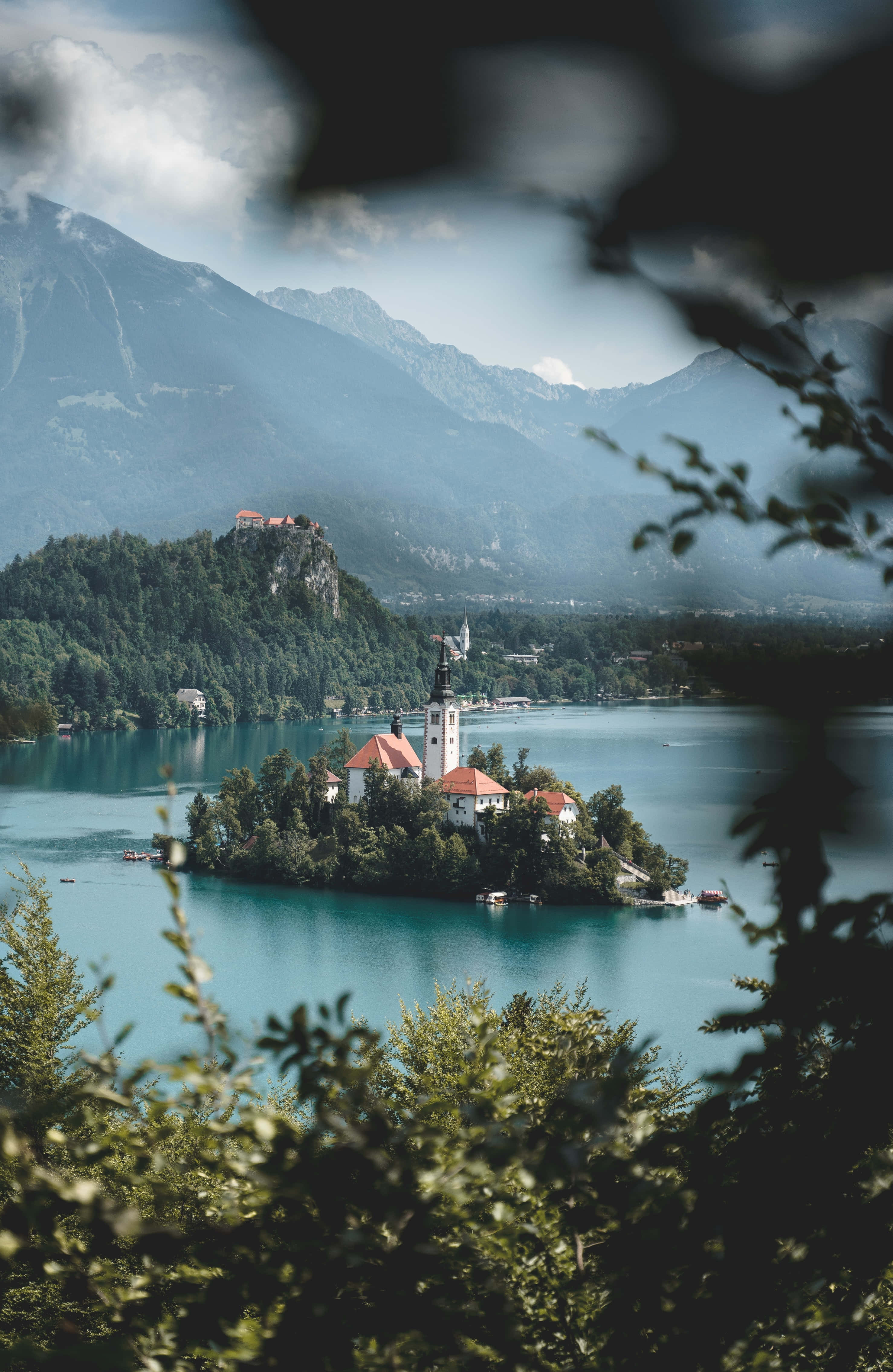 Lacul Bled văzut din pădurea de la est Fundal