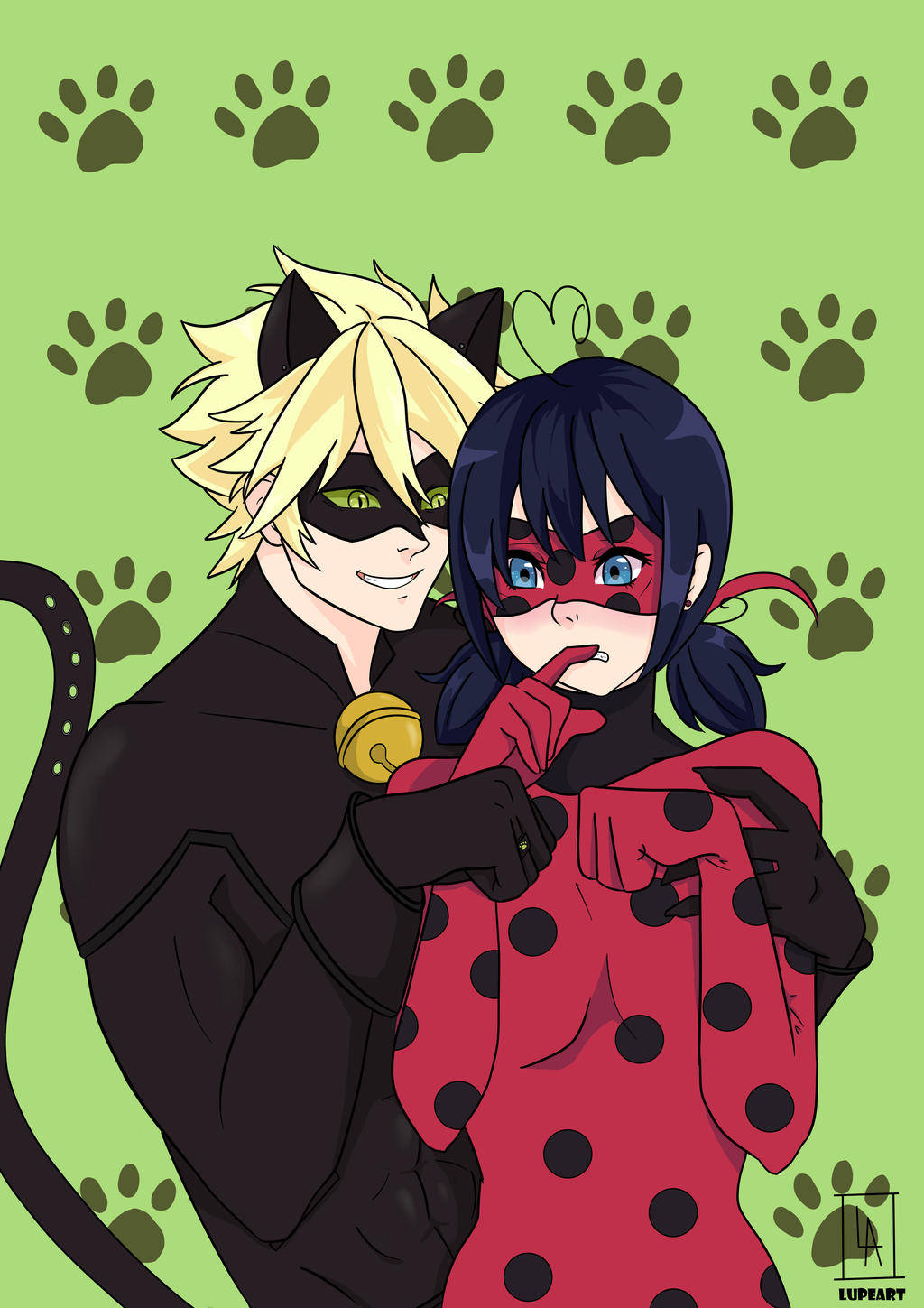 Ladybug și Cat Noir sărutându-se imprimeu câine Fundal