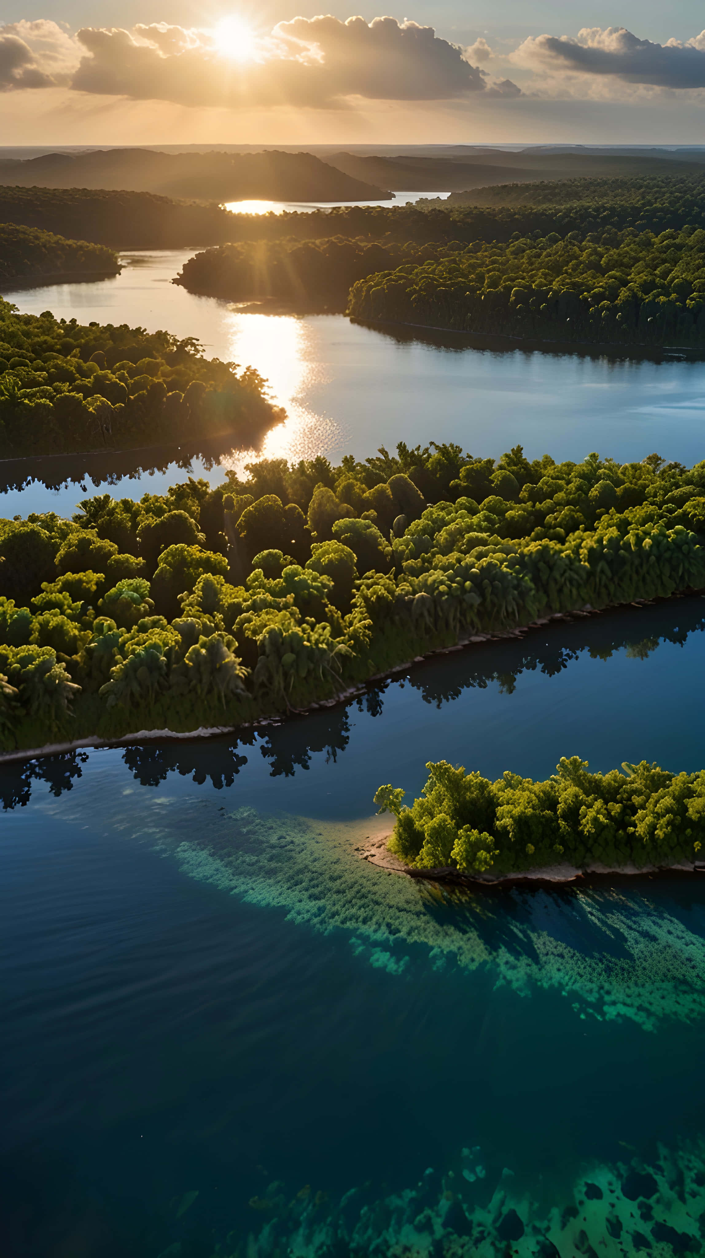 Lagună tropicală idilică cu ape turcoaz și palmieri Fundal