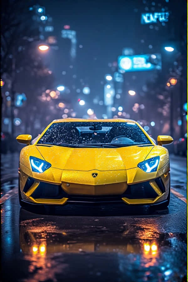 Lamborghini Galben Neon Noapte Lumini Oraș 4K Futurist Portret Fundal
