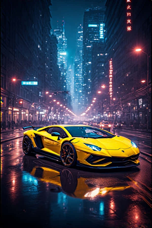 Lamborghini Galben Neon Noaptea Wallpaper Futurist 4K Lumini de Oraș Portret Fundal