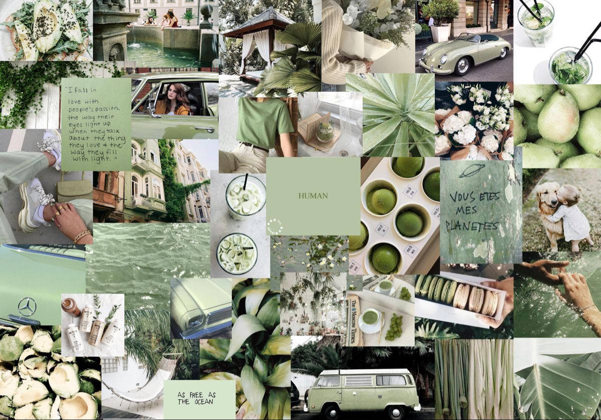 Laptop cu colaj estetic verde matcha Fundal