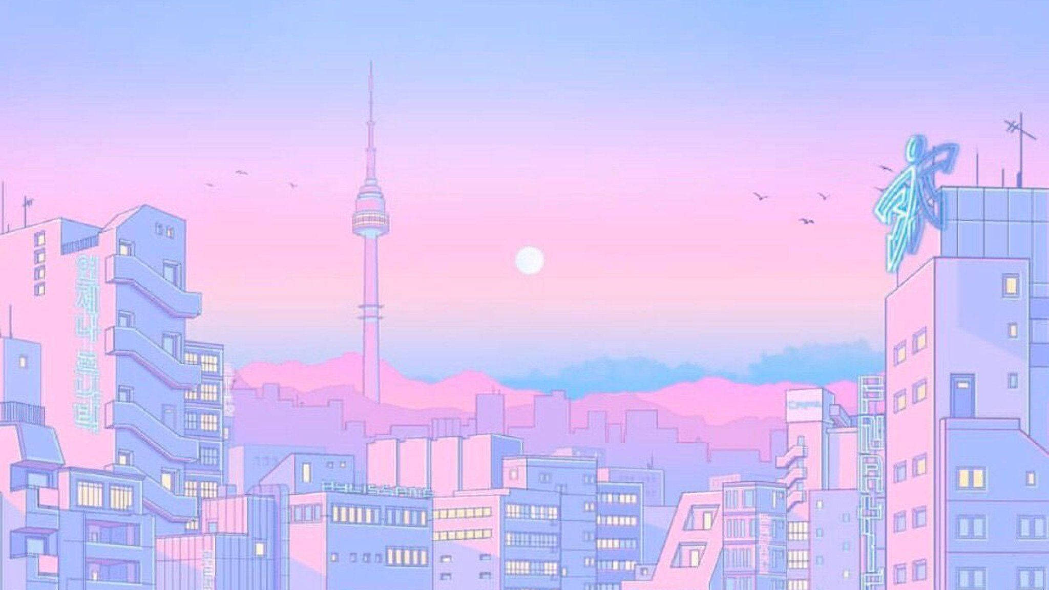 Laptop cu Siluetă Roz Pastelată Estetică Tumblr Fundal