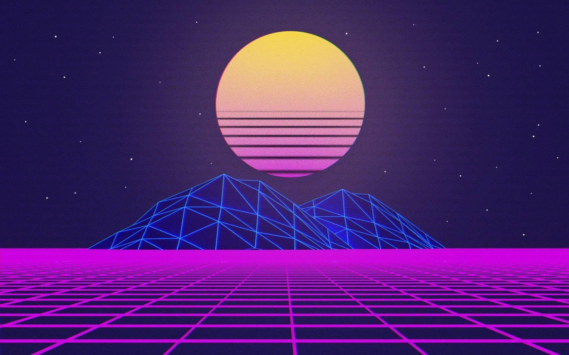 Laptop indie estetic cu lună neon pe munte Fundal