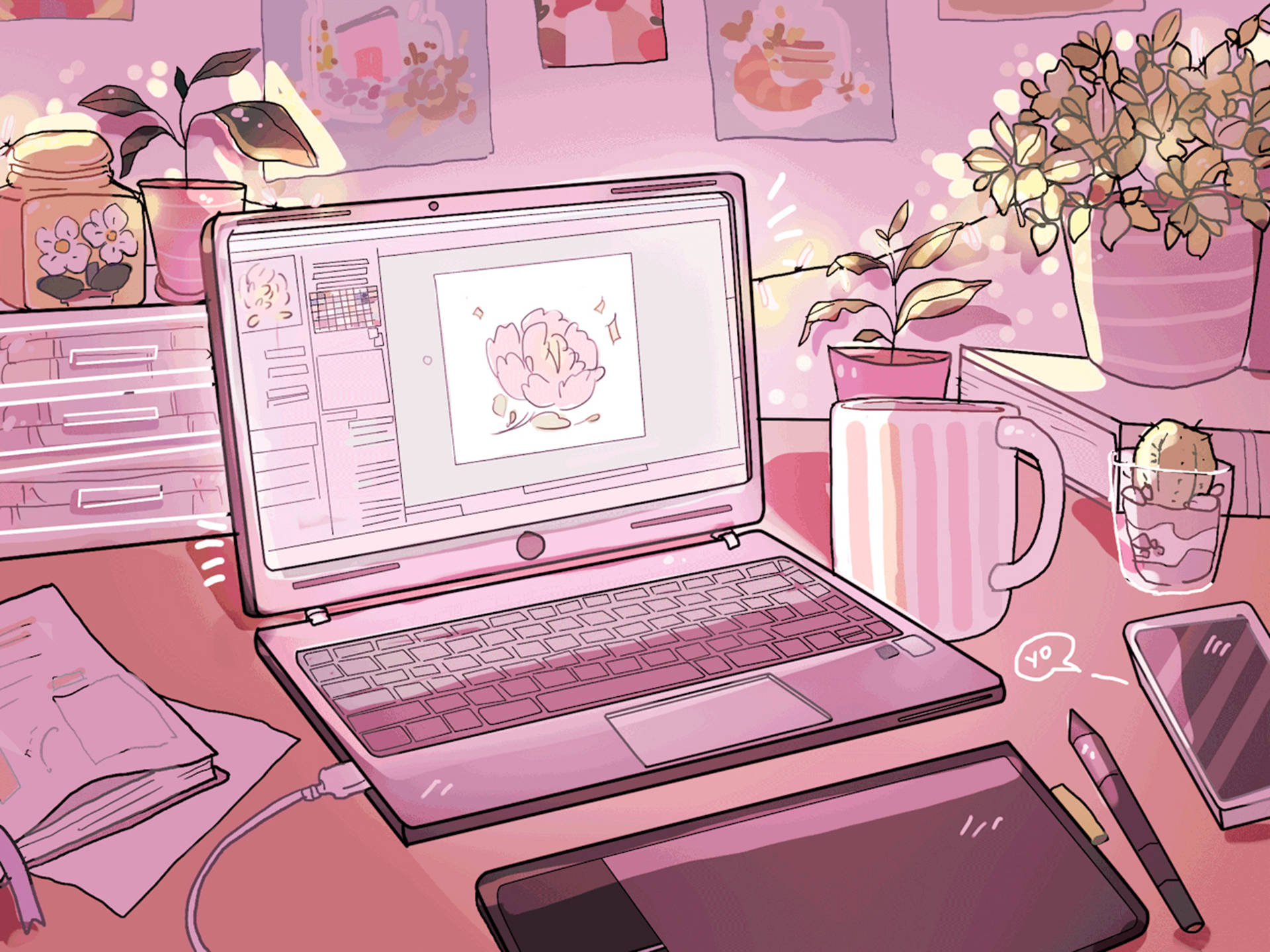 Laptop roz cu estetică anime Fundal