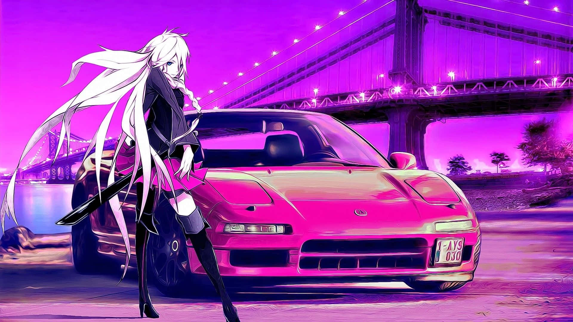 Lasă-ți imaginația să zboare în timp ce treci cu mașina asta anime. Fundal