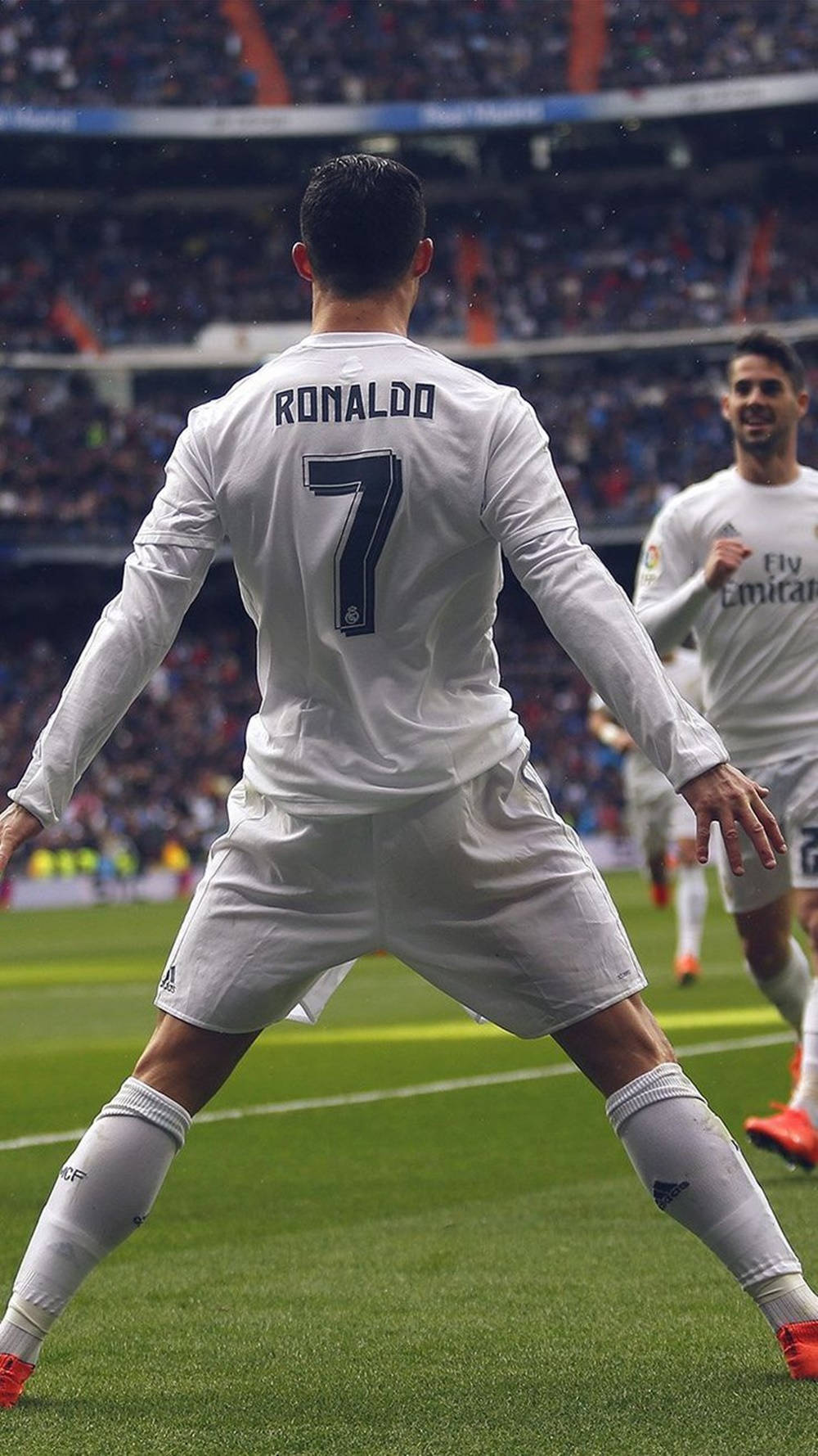 Legenda fotbalului Cristiano Ronaldo, vedere din spate cool Fundal