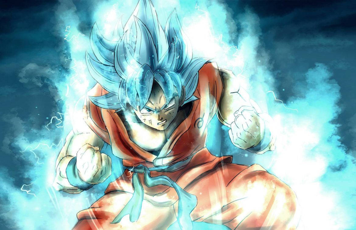 Dragon Ball Z San Goku Super Saiyan cu foc albastru, super broly personaj anime.