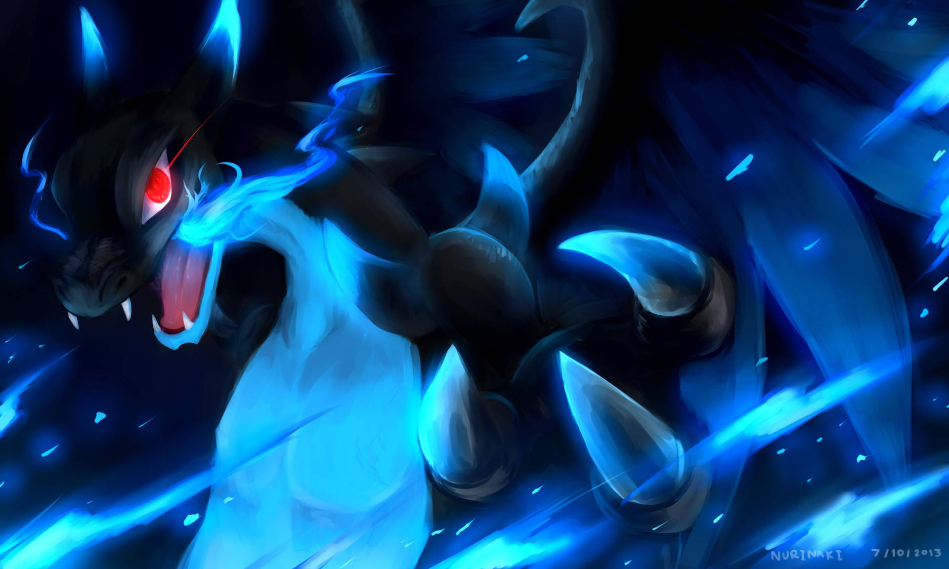Evoluția Pokemon Mega Charizard albastru cu ochi roșii și foc albastru, gata de luptă. — Pokemon Fundal