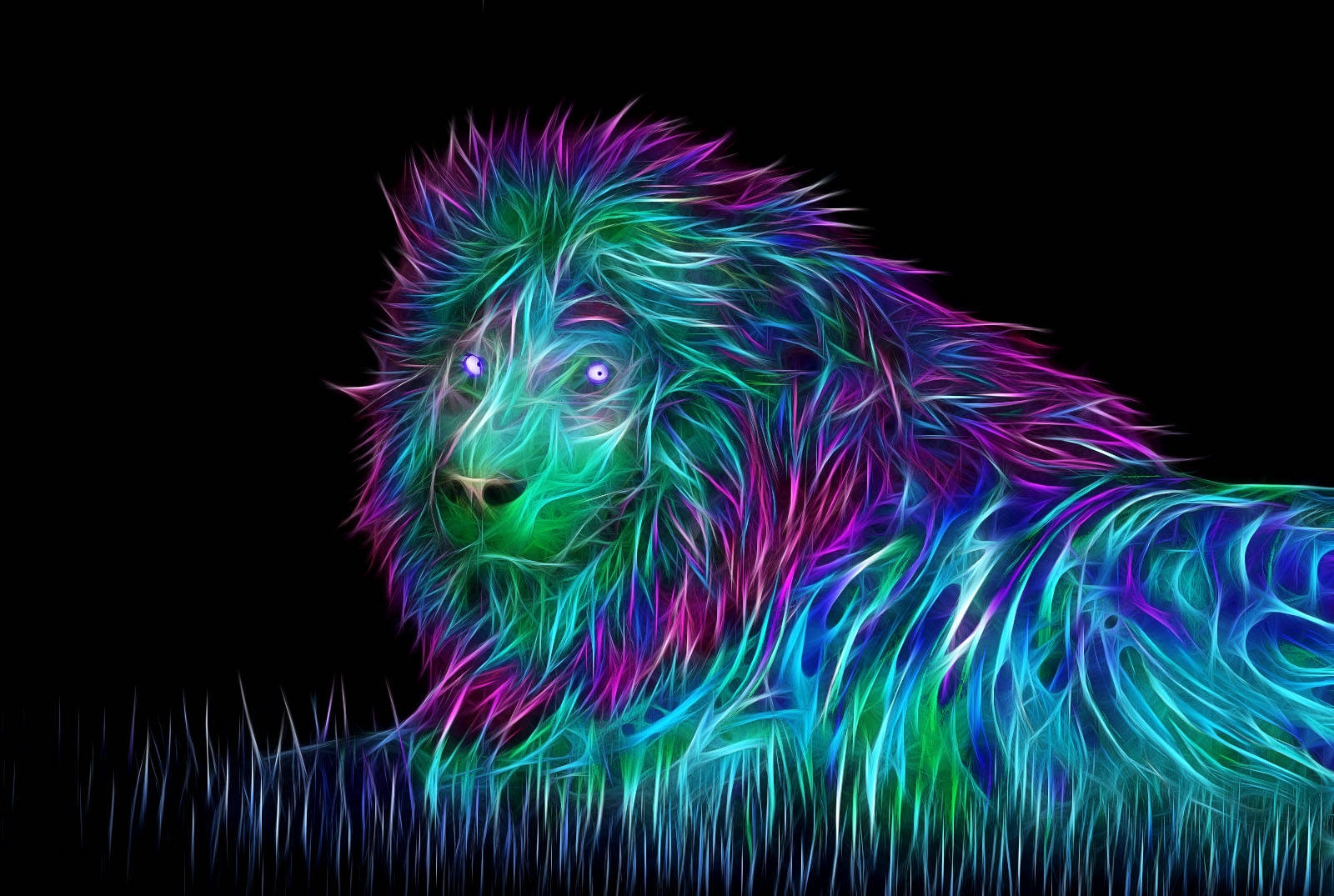 Leu neon 3D întins pe iarbă