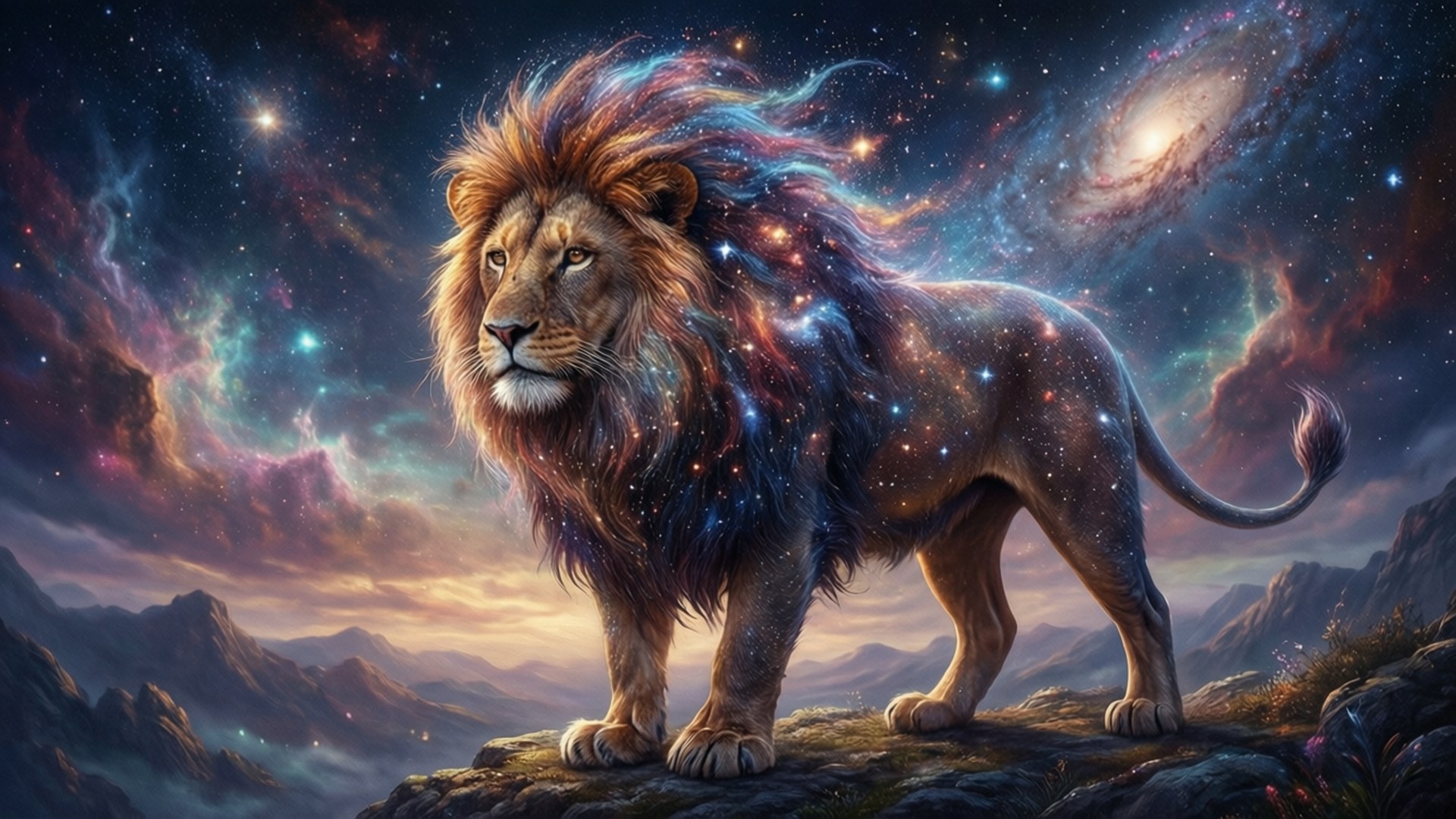 Leul Cosmic de pe Stâncă Fundal
