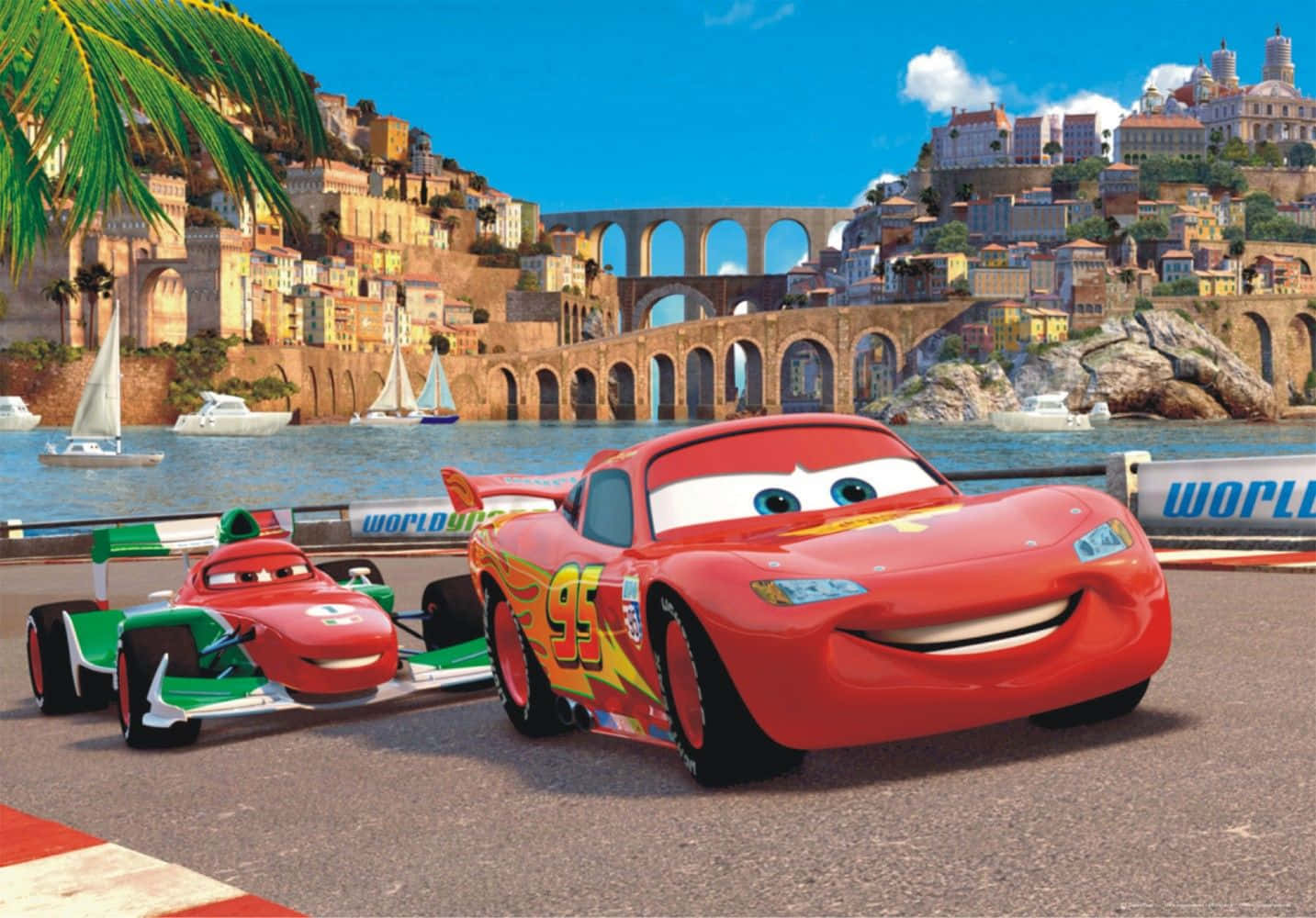 "Lightning McQueen și Mater sunt gata să cucerească lumea alături de echipa Lightning" Fundal