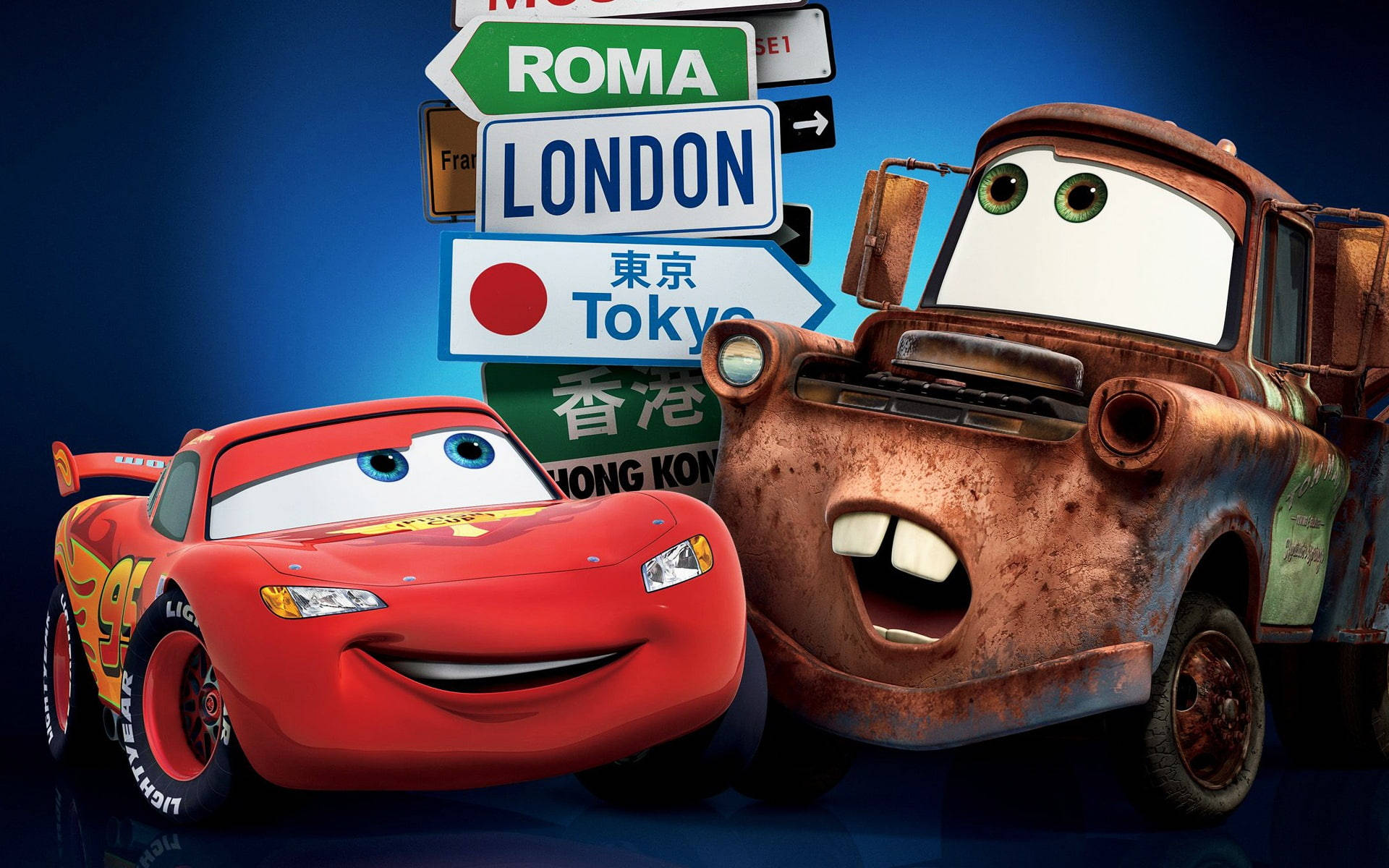 Lightning McQueen și Mater într-o Mare Aventură în Mașini 2 Fundal
