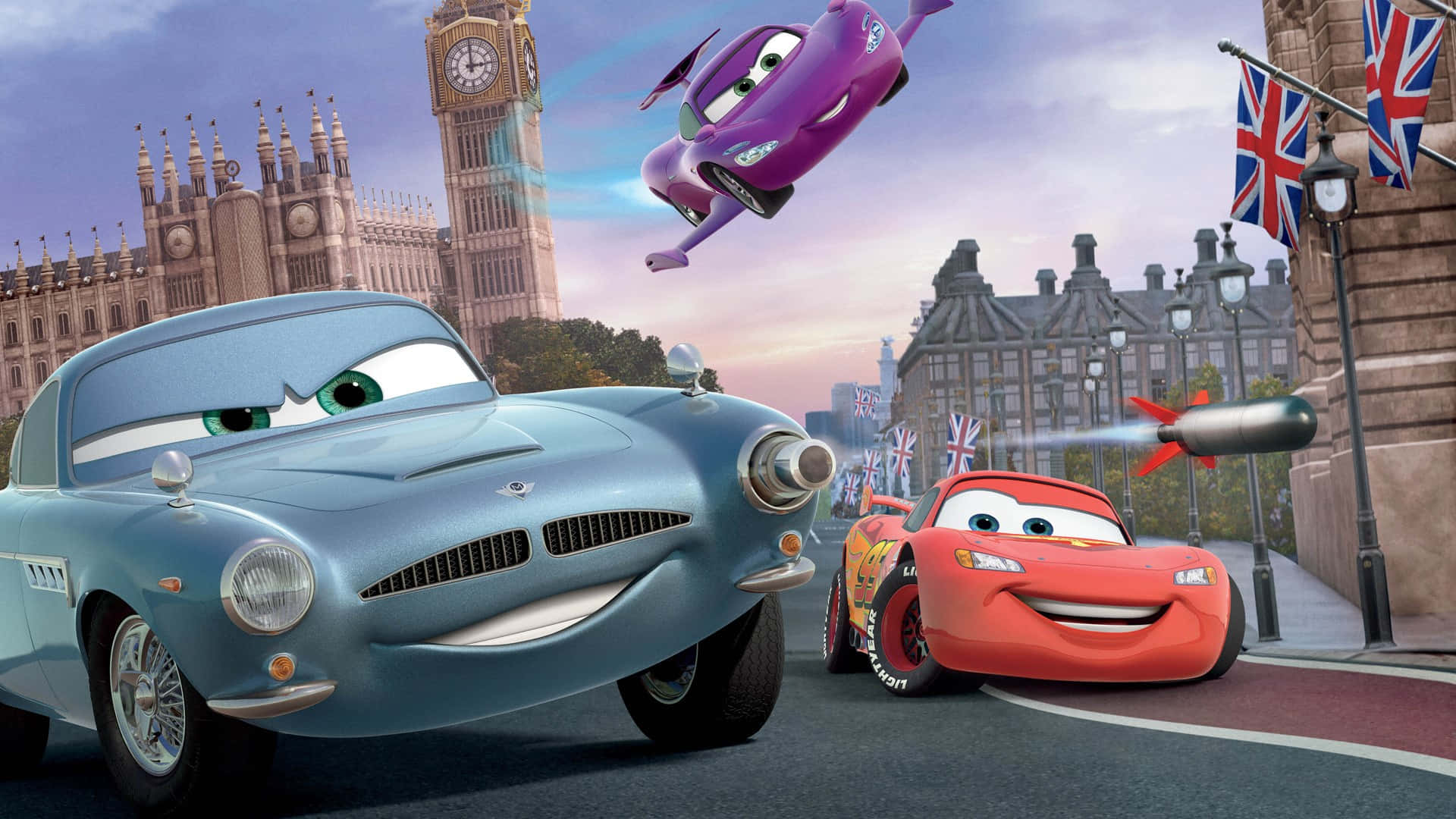 Lightning McQueen și Mater împreună în Cars 2 Fundal