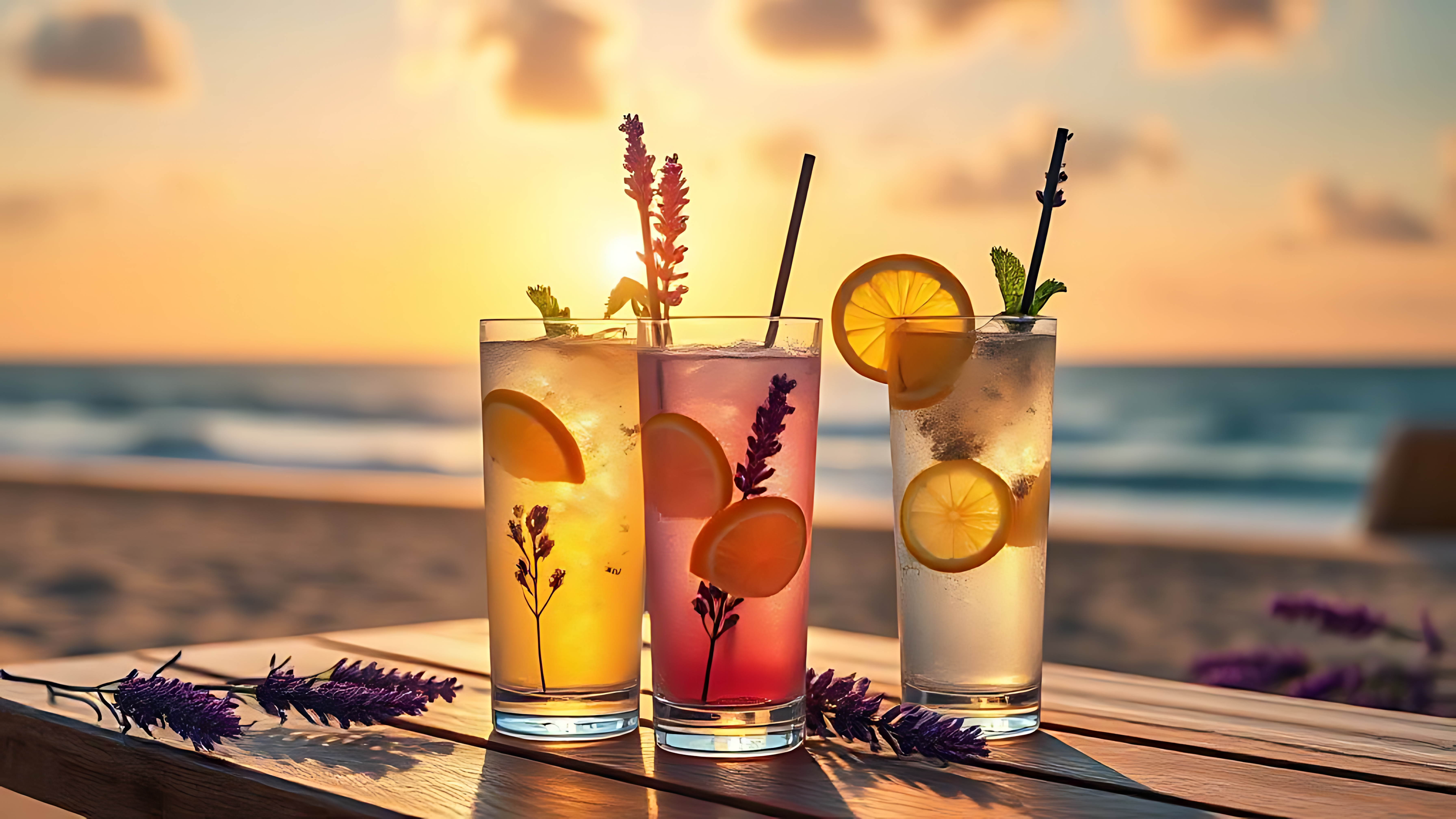 Limonadă răcoritoare pe plajă la apus Fundal