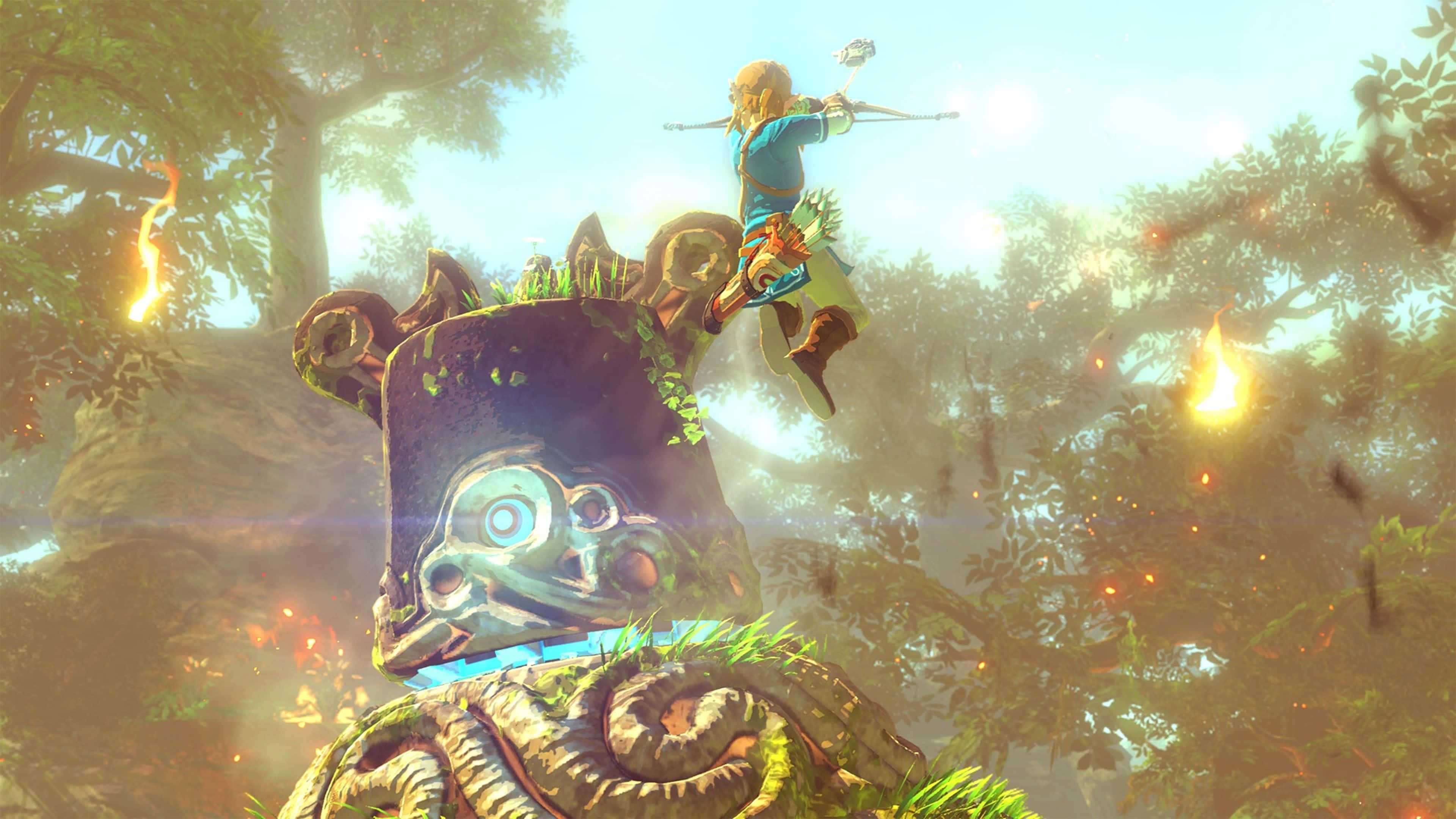 Link, eroul timpului, ținând legendarul Ocarina of Time Fundal
