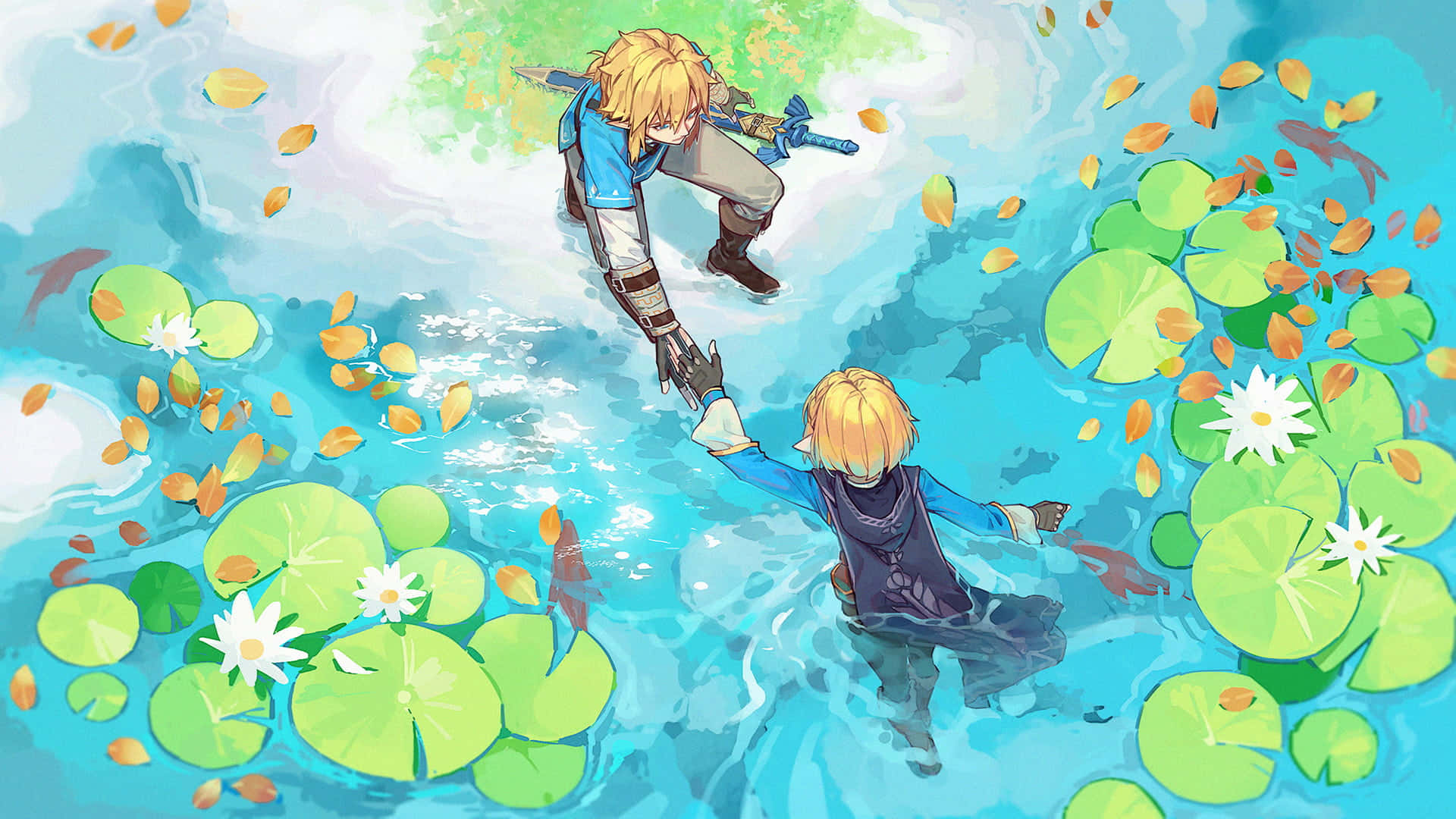 „Link, Eroul Vânturilor, în aventurile sale din The Legend of Zelda.” Fundal
