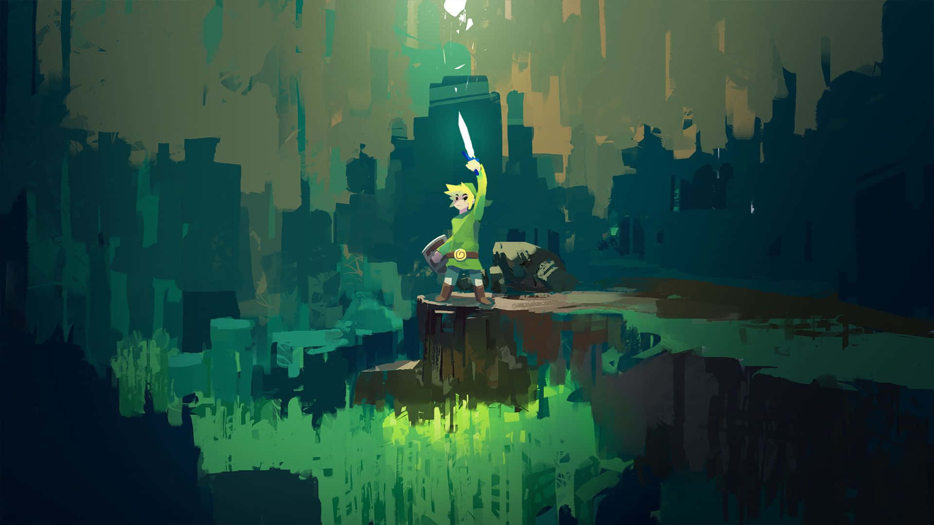 Link, tânărul protagonist din The Legend of Zelda, cu Triforce în mână. Fundal