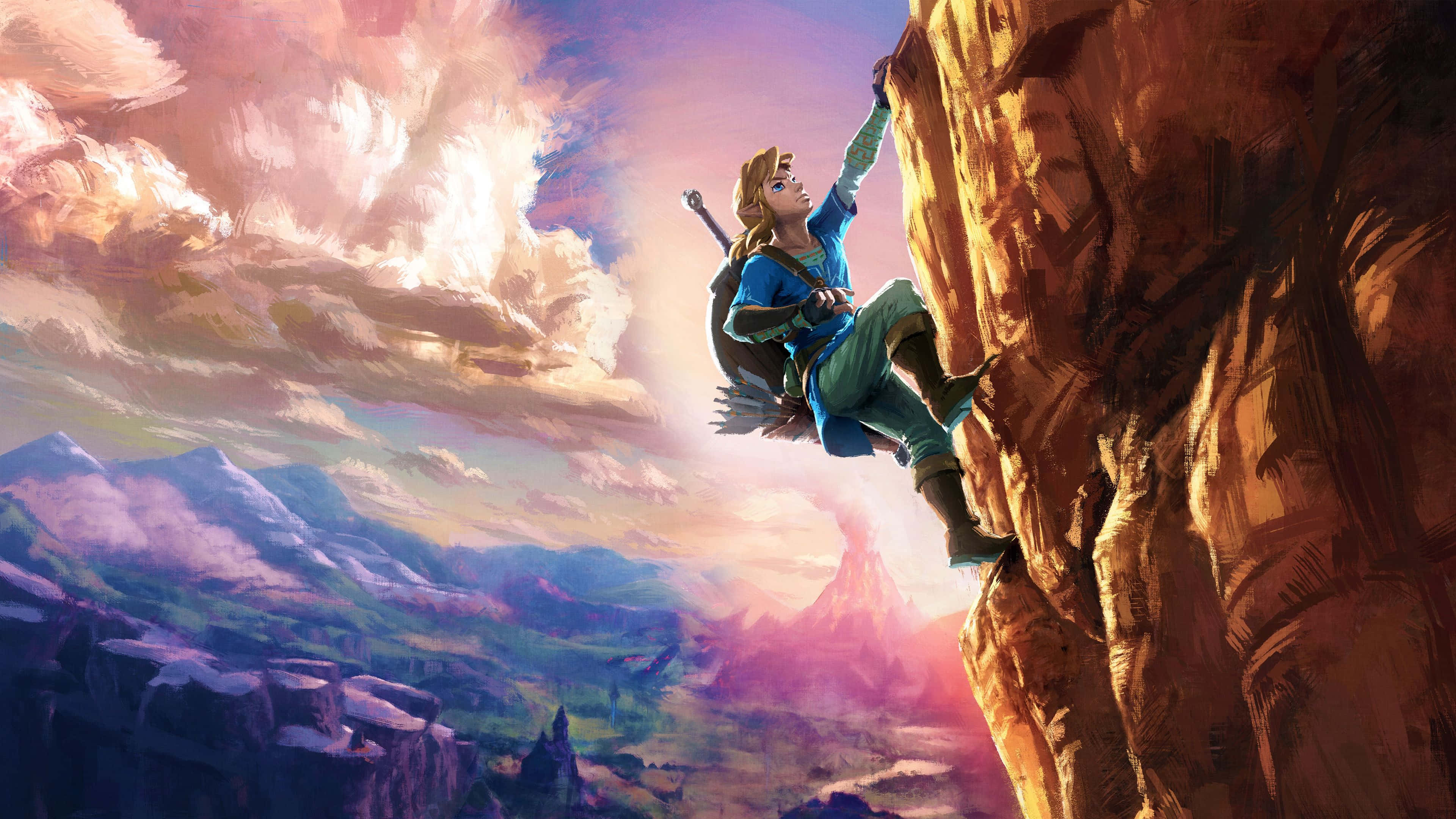 Link urcând un munte în Zelda Botw Fundal