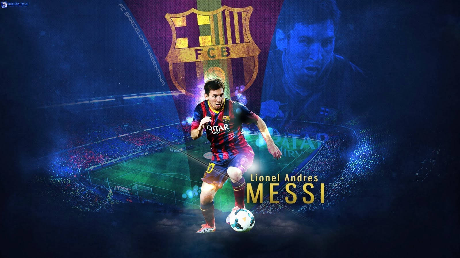 Lionel Andres Messi cu fundal artistic al logo-ului FC Barcelona — Messi Fundal