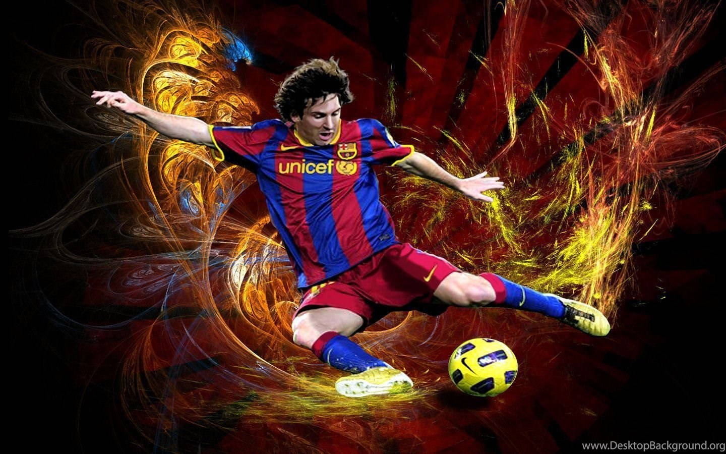 Lionel Messi dezlănțuie o lovitură puternică pentru a marca un gol Fundal