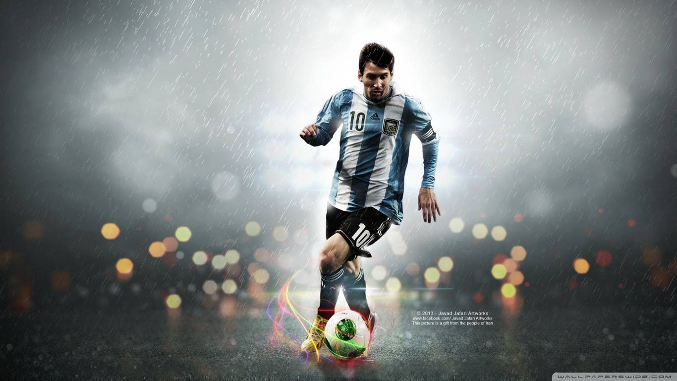 Lionel Messi driblând prin ploaie Fundal