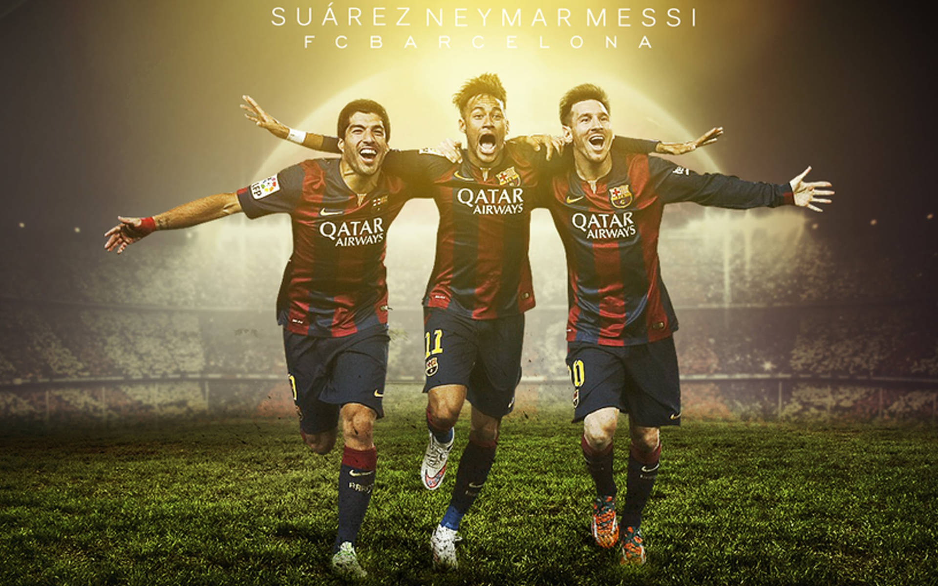 Messi Suarez Neymar, trio de fotbal alergând pe un teren, fundal — Messi Fundal