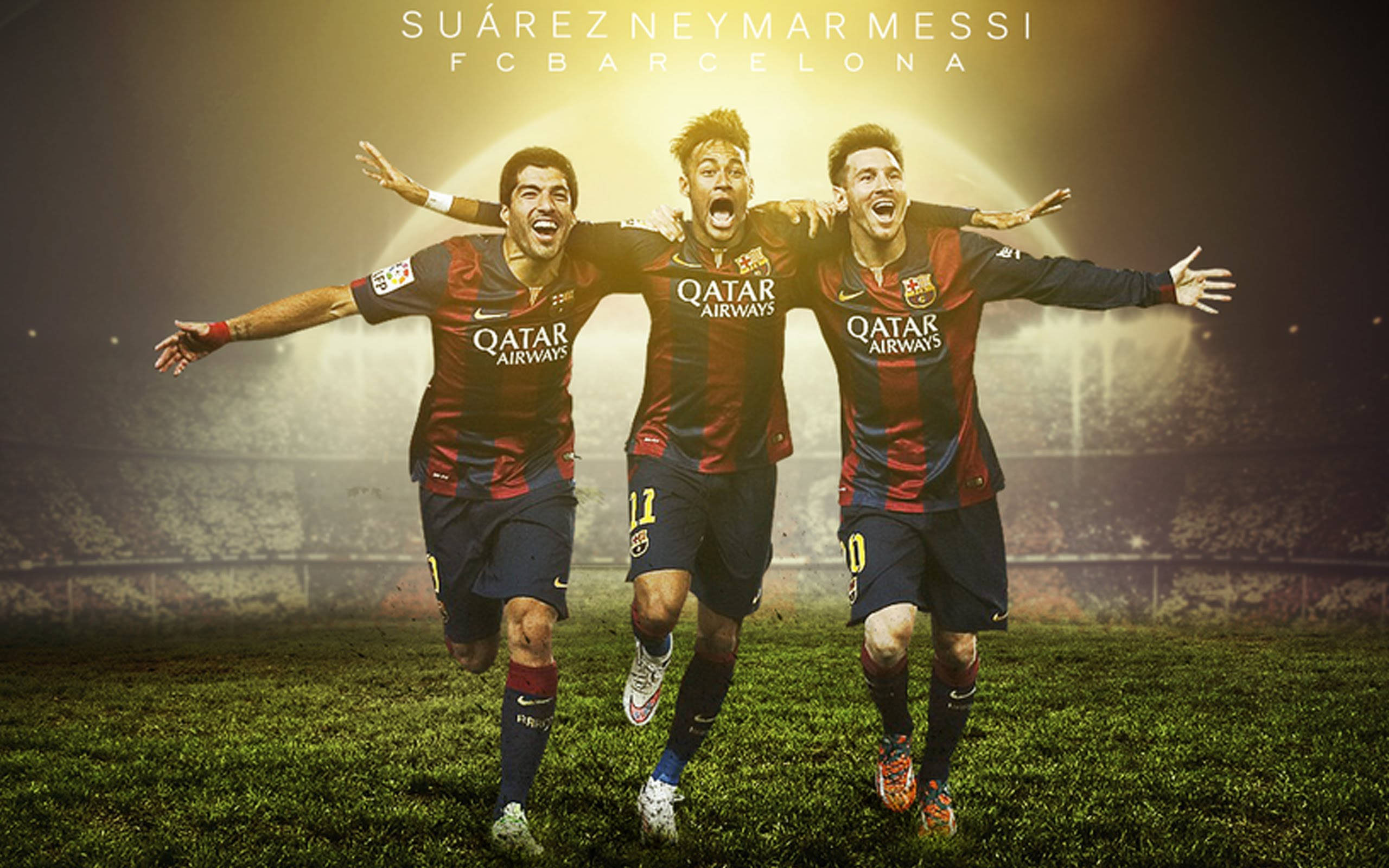 Lionel Messi, Luis Suarez și Neymar Jr. de la FC Barcelona într-un meci. Fundal