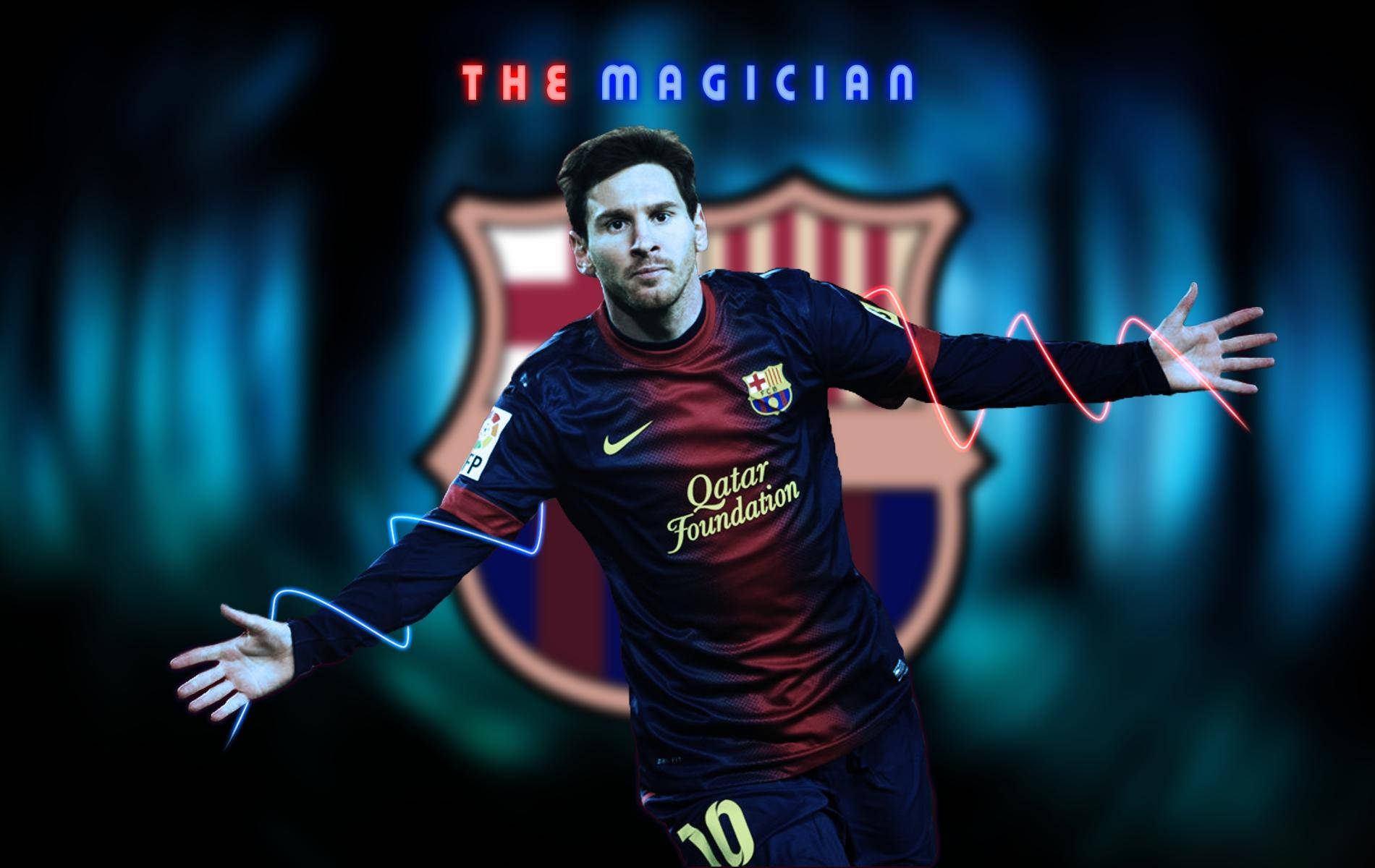 Lionel Messi cu textul Magicianul și logo-ul FCB, fundal — Messi Fundal