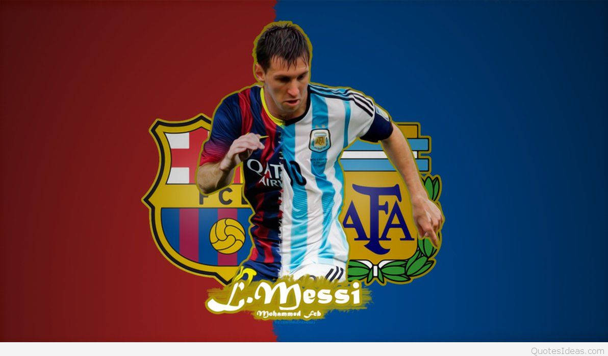 Lionel Messi sărbătorind cu siglele Barcelonei și Argentinei Fundal