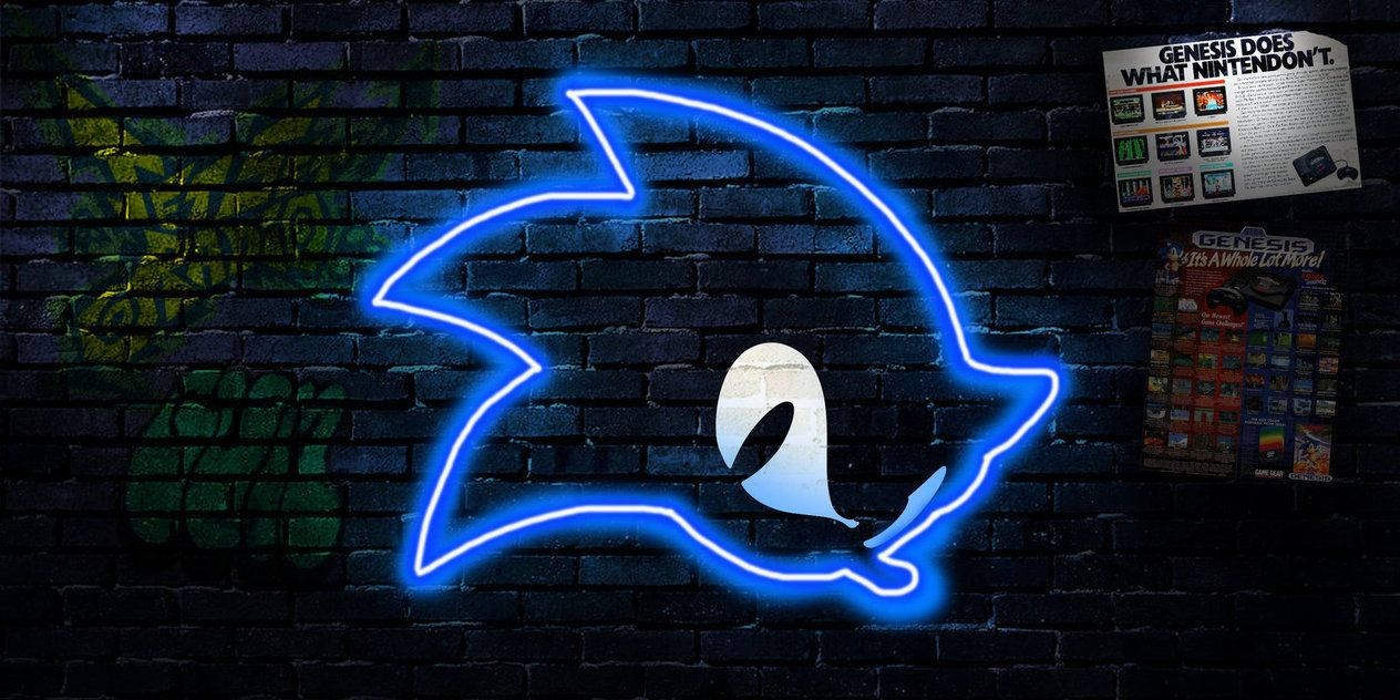 Tapet albastru cu pictograma Sonic în lumină neon pe un perete de cărămidă vandalizat. — Sonic Fundal