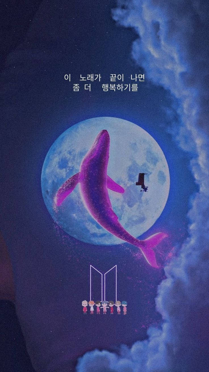 Logo Tiny Tan BTS cu Lună și Balenă Fundal