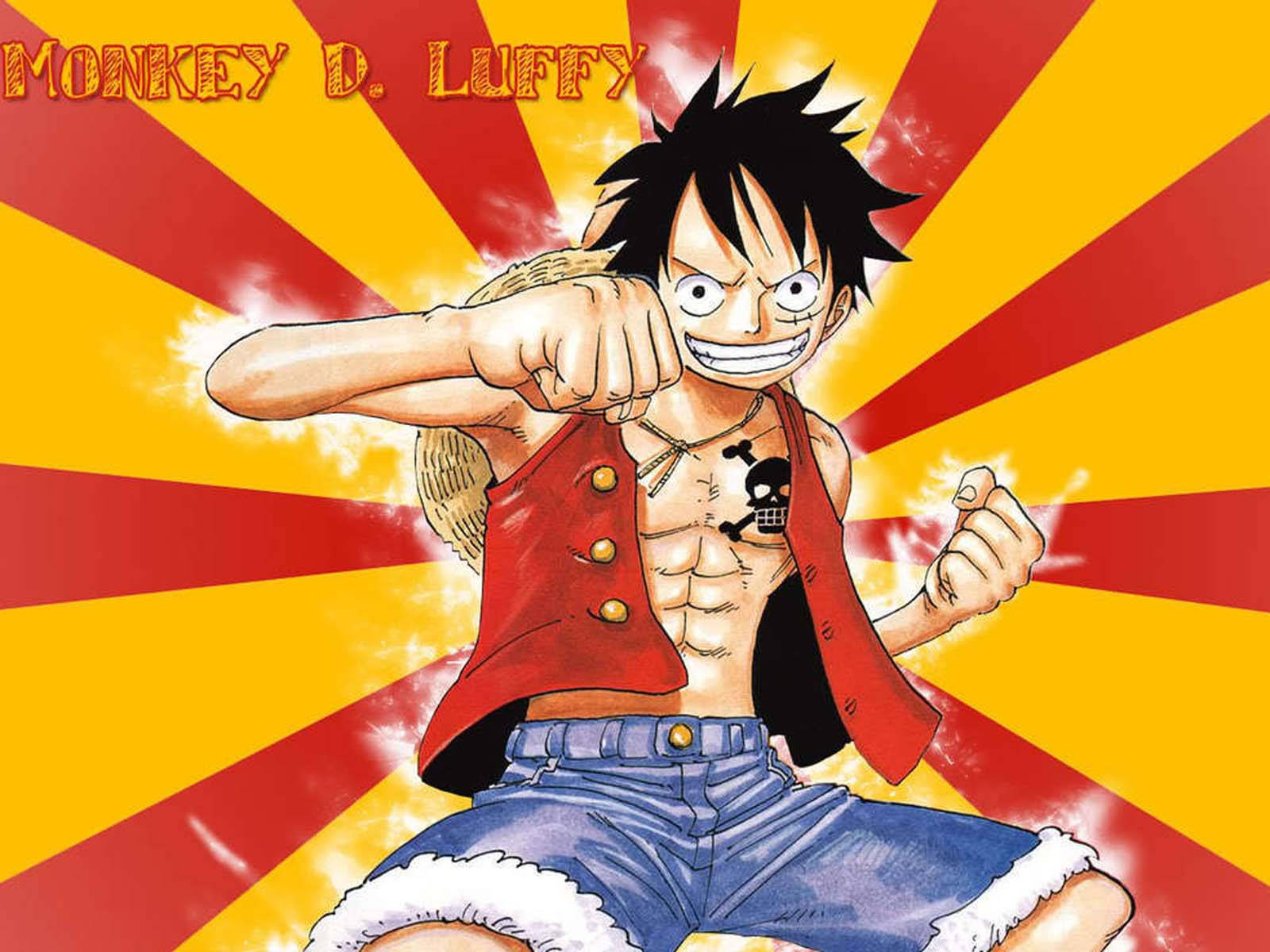 Luffy poartă vestă roșie și pantaloni scurți din denim Fundal