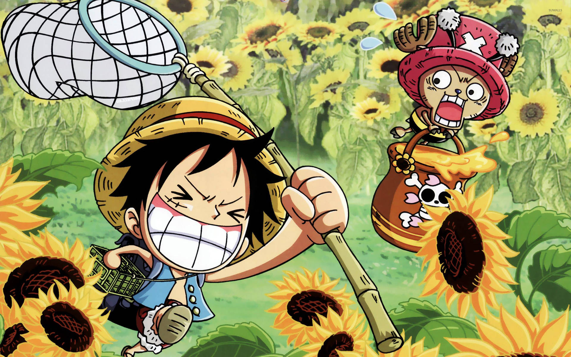 Tapet cu Luffy și Choper din One Piece într-un câmp cu flori de soare. — One Piece Fundal