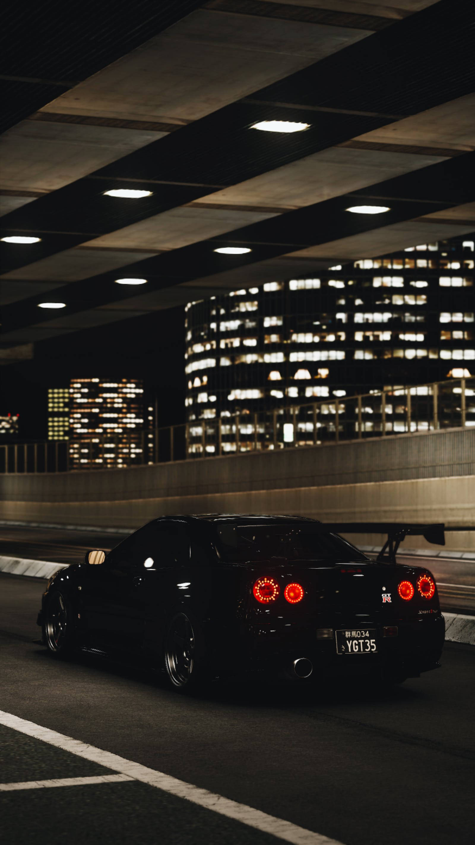 Lumini și un Nissan GT R Negru 4K Fundal