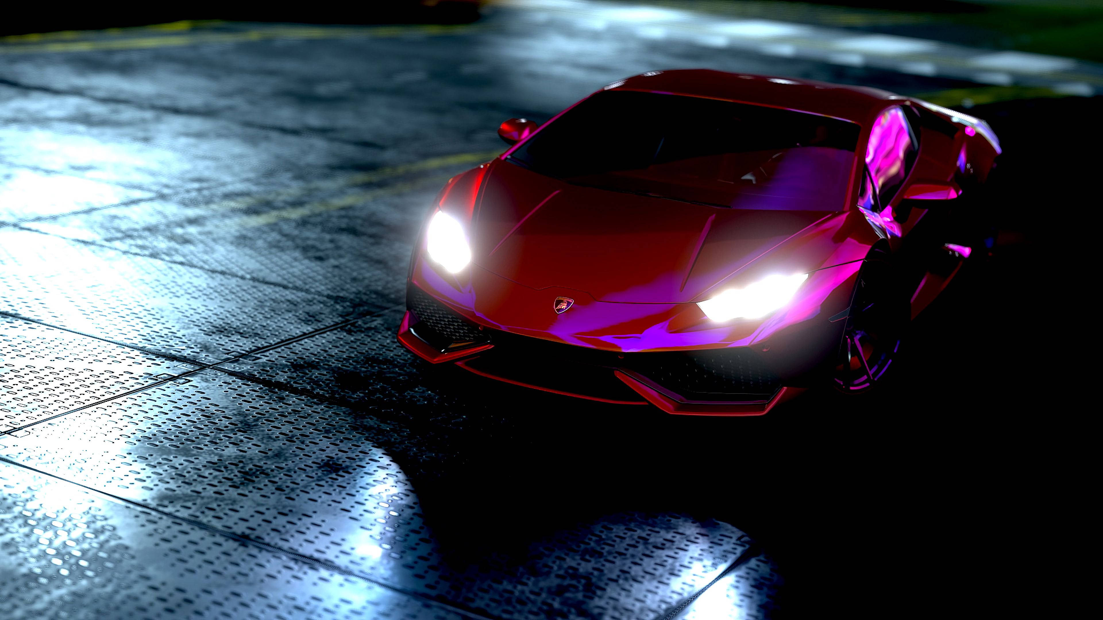 Lumini strălucitoare, oraș mare: Lamborghini Huracan roșie cu strălucire neon Fundal