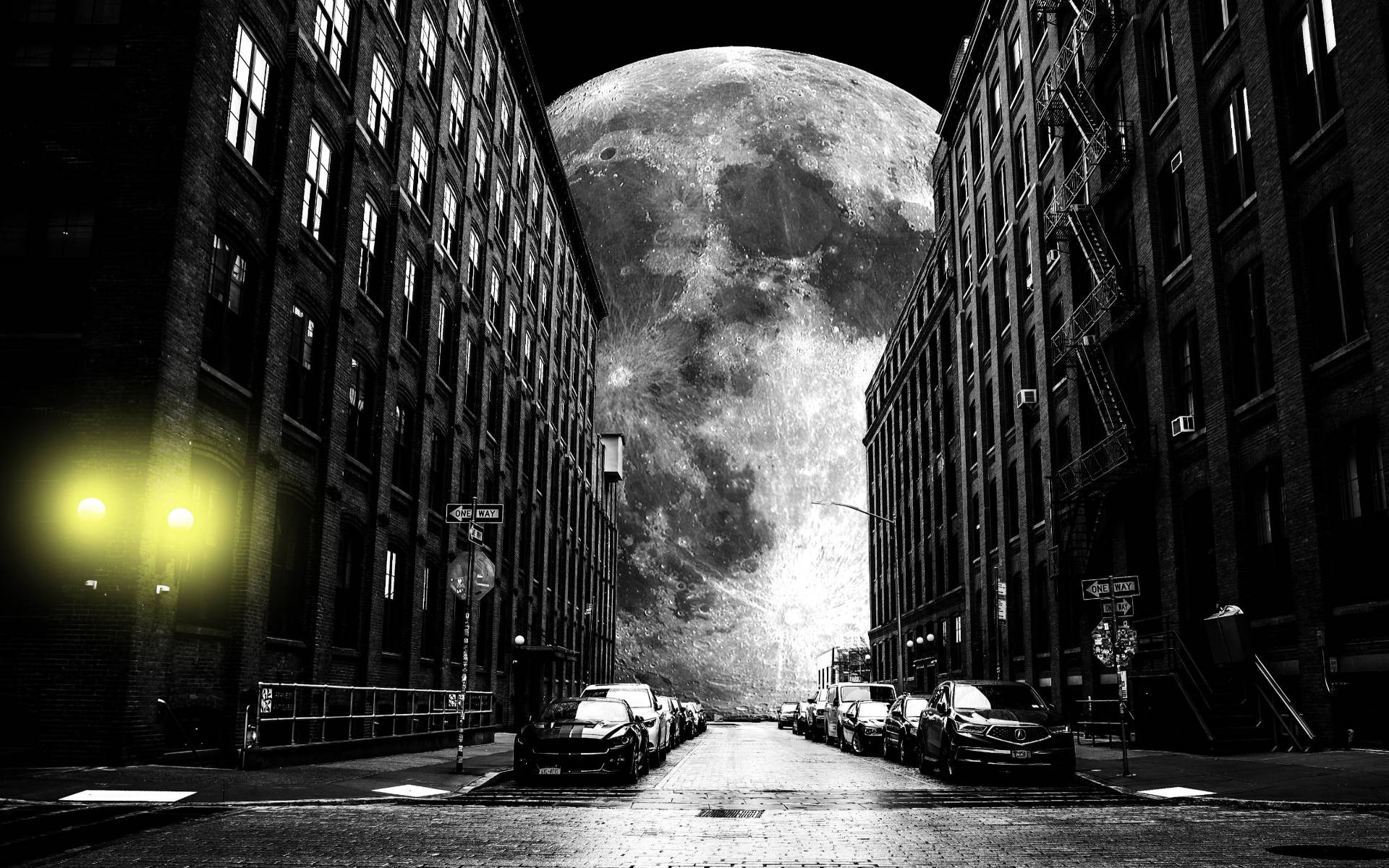 Lună galactică gri în spatele clădirilor Fundal